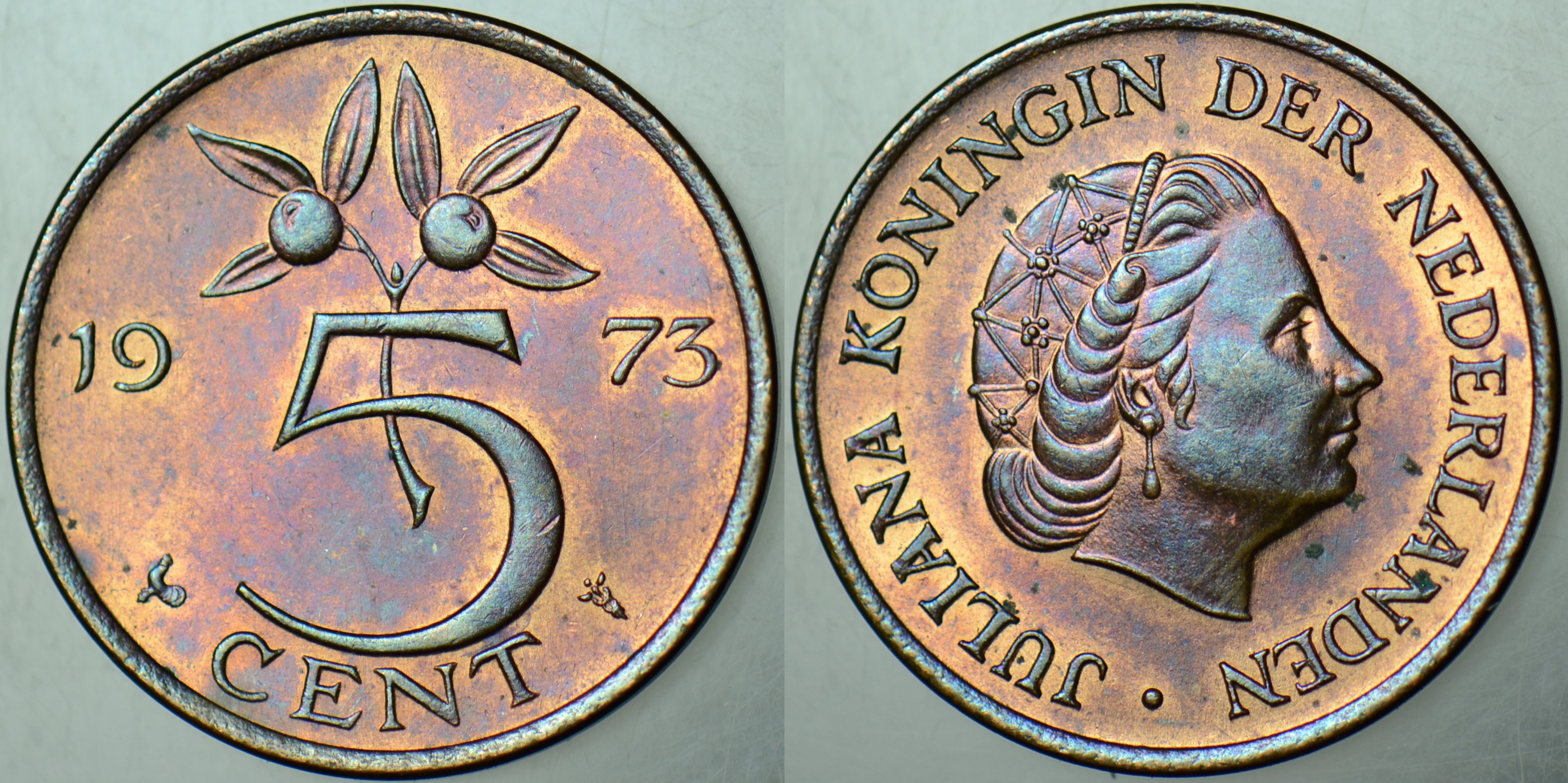 HOLLANDA 5 CENT 1973 KRALİÇE JULİANA. GÜZEL RENKLİ PATİNALI ÇİLALTI+ KONDİSYON.