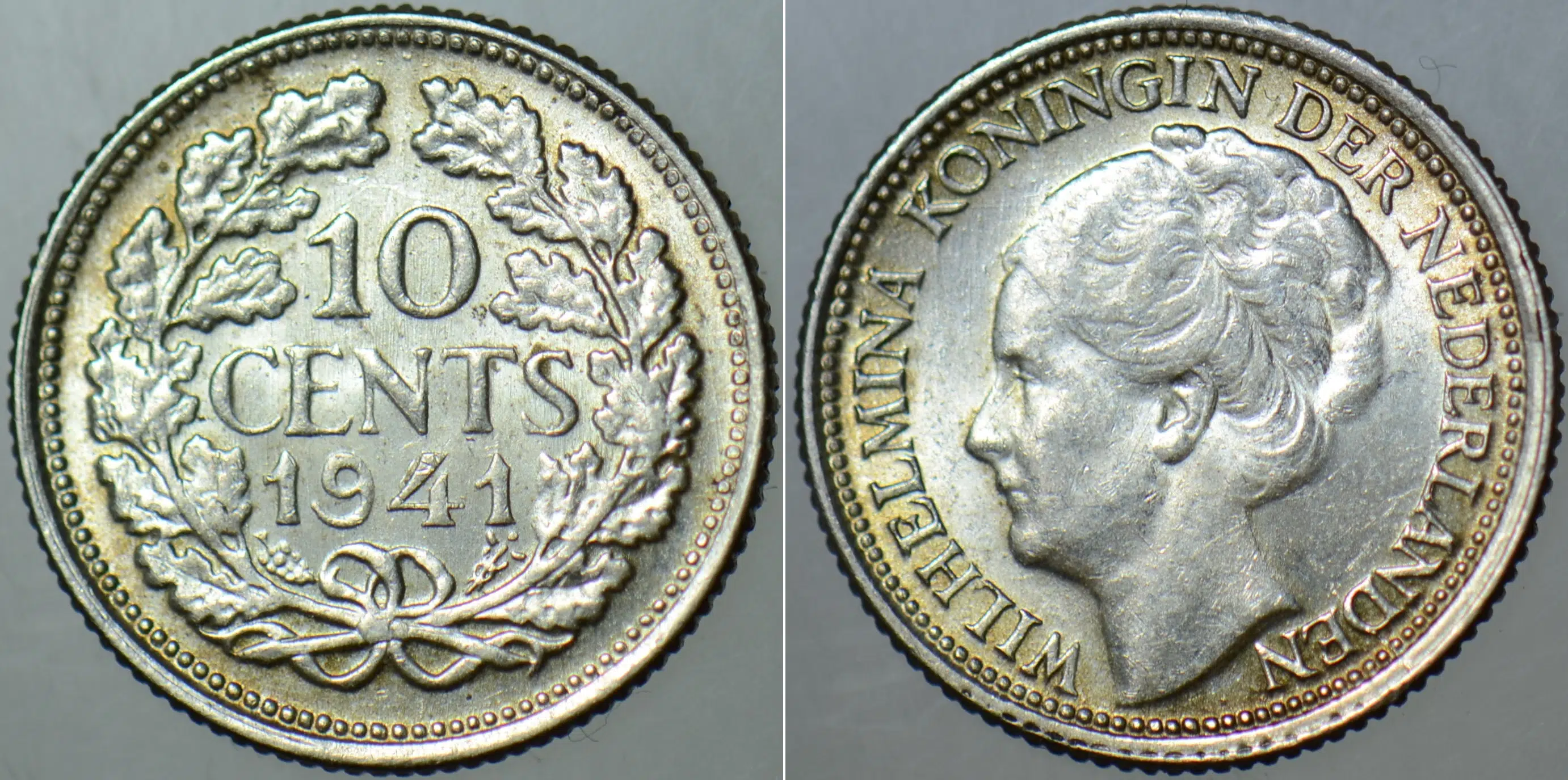 HOLLANDA GÜMÜŞ 10 CENT 1941 II. DÜNYA SAVAŞI-KRALİÇE WİLHELMİNA DÖNEMİ. ÇİL.