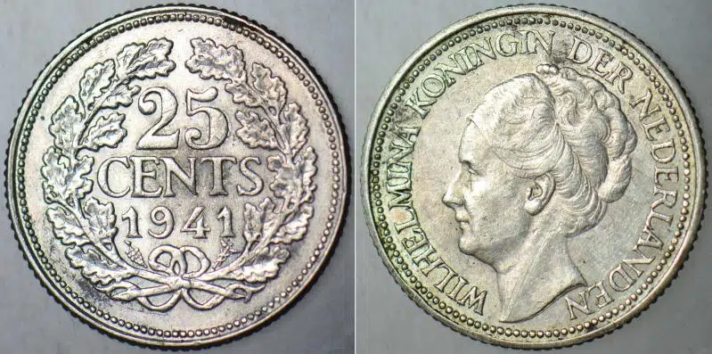 HOLLANDA GÜMÜŞ 25 CENT 1941 II. DÜNYA SAVAŞI - KRALİÇE WİLHELMİNA DÖNEMİ. 3,58 gram.