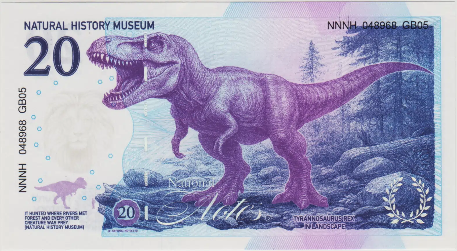  İNGİLTERE DOĞA TARİHİ MÜZESİ HATIRA-TYRANNOSAURUS REX. UV, FİLİGRAN ŞERİT GÜVENLİKLİ SERİ NOLU. ÇİL.