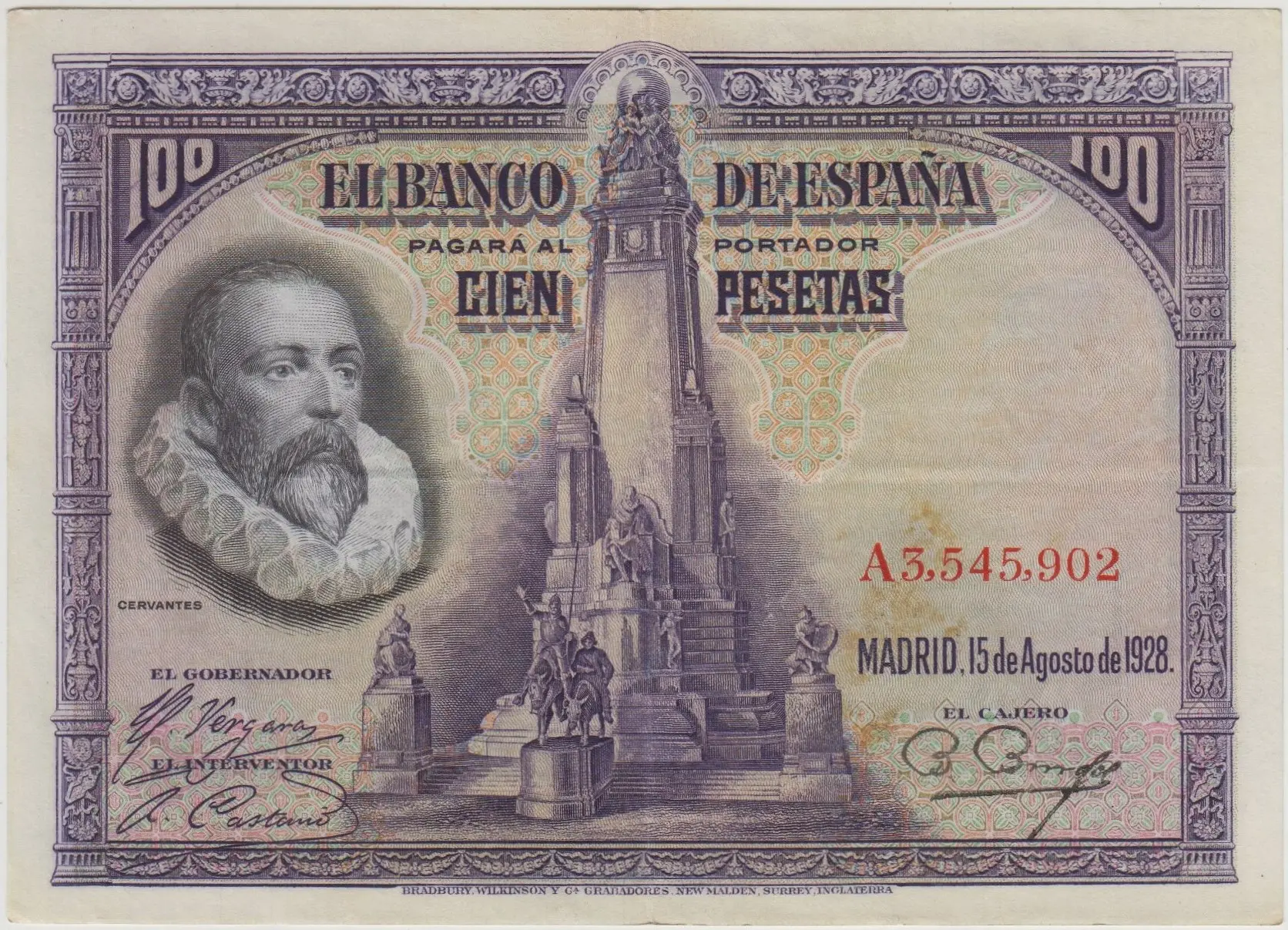 İSPANYA 100 PESETA 1928 CERVANTES VE DON KİŞOT TEMALI. ÇOK ÇOK TEMİZ.