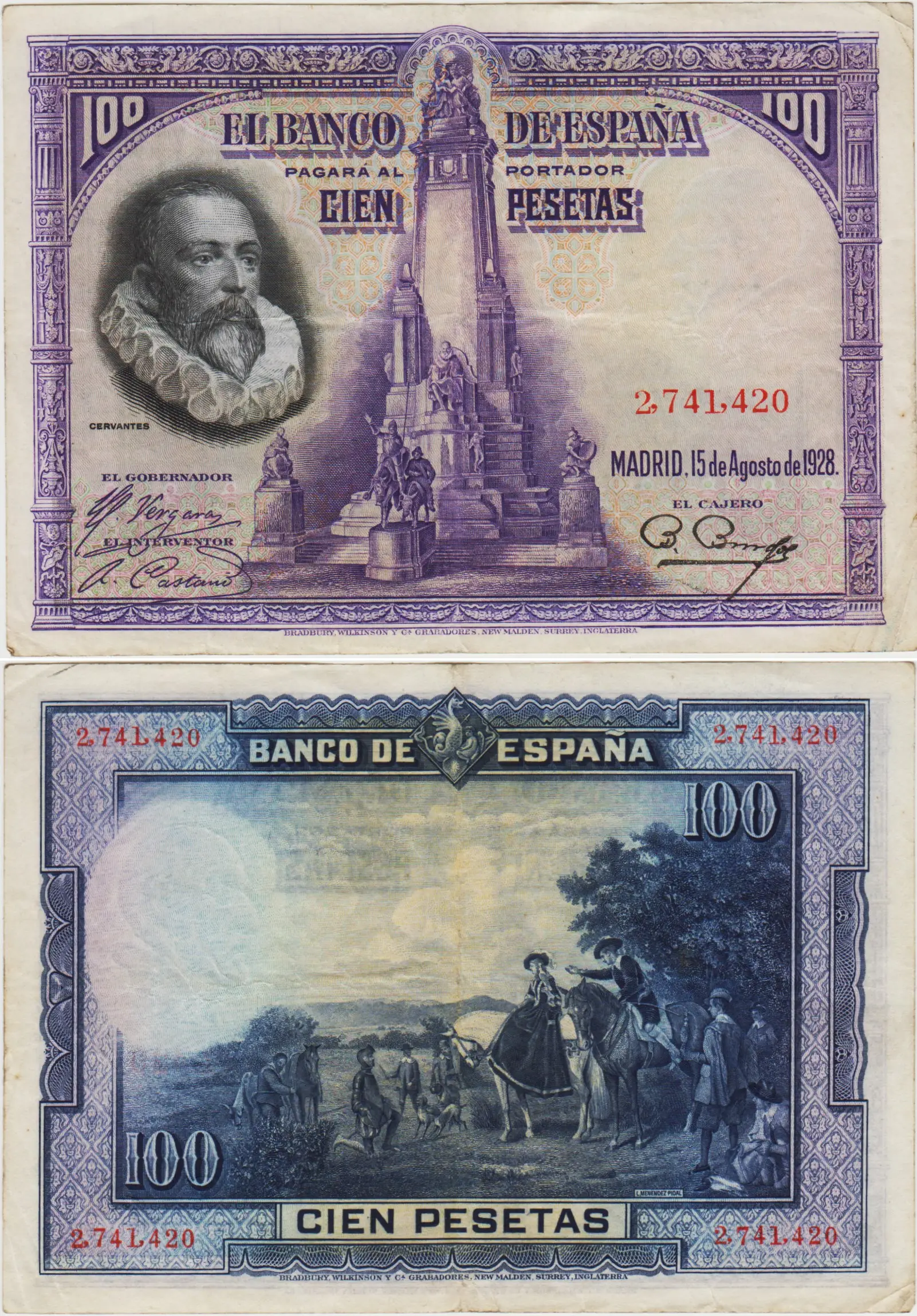 İSPANYA 100 PESETA 1928 CERVANTES VE DON KİŞOT TEMALI. ÇOK ÇOK TEMİZ(-) KONDİSYON.