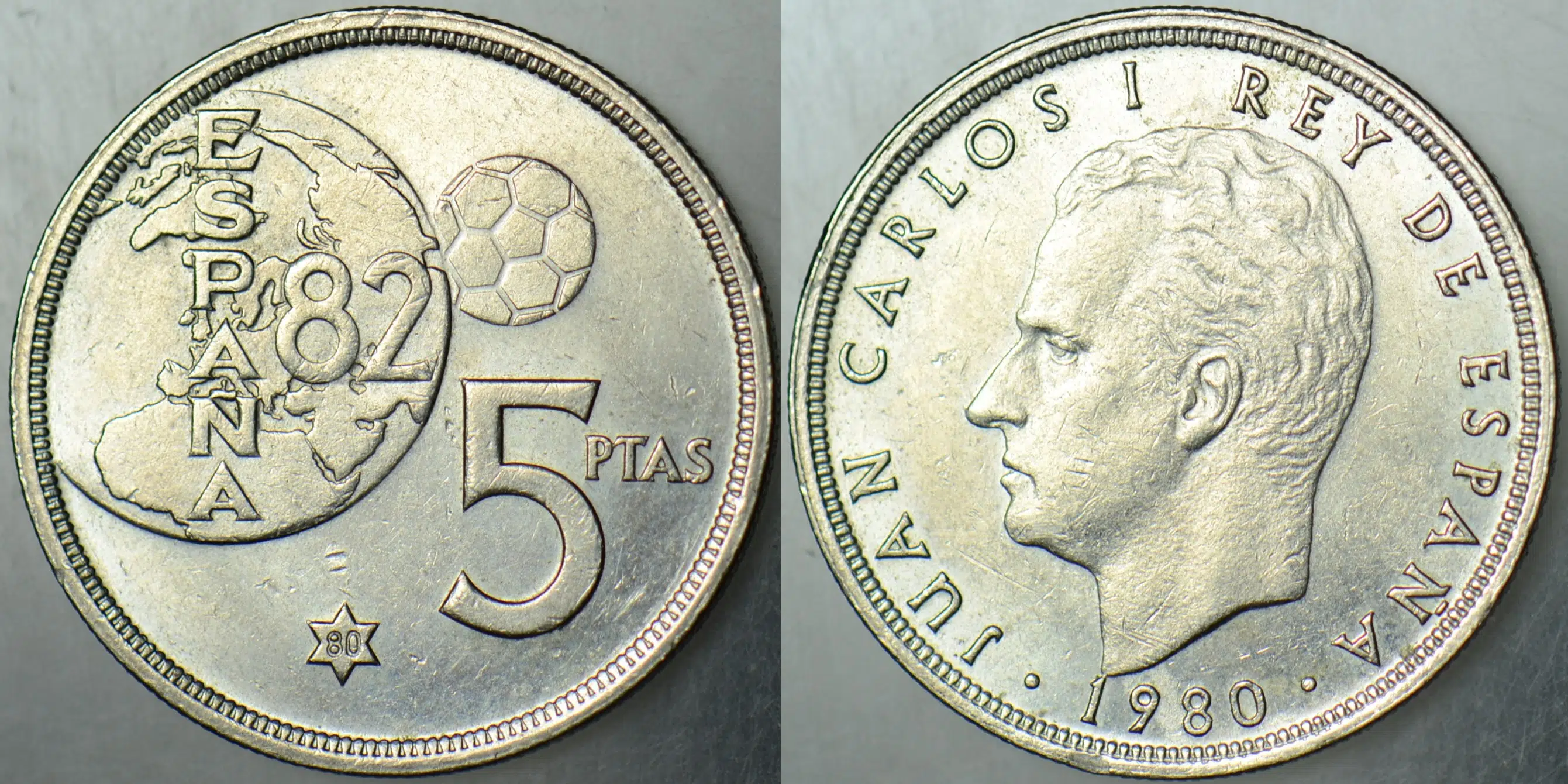 İSPANYA 5 PESETA 1980 FIFA DÜNYA KUPASI 1982 TEMALI. ÇİLALTI.