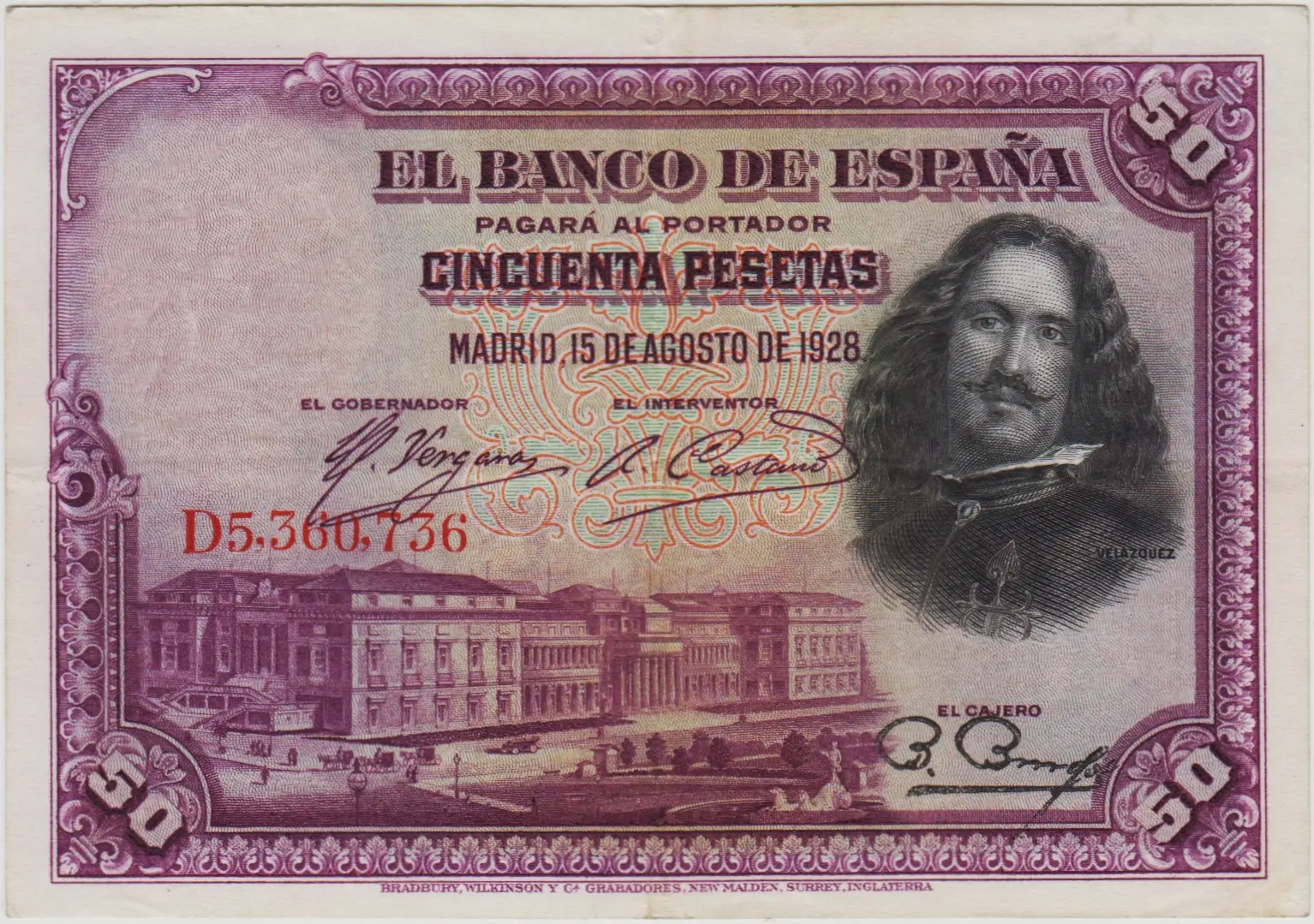 İSPANYA 50 PESETA 1928 PRADO MÜZESİ VE VELAZQUEZ TEMALI. ÇOK ÇOK TEMİZ.