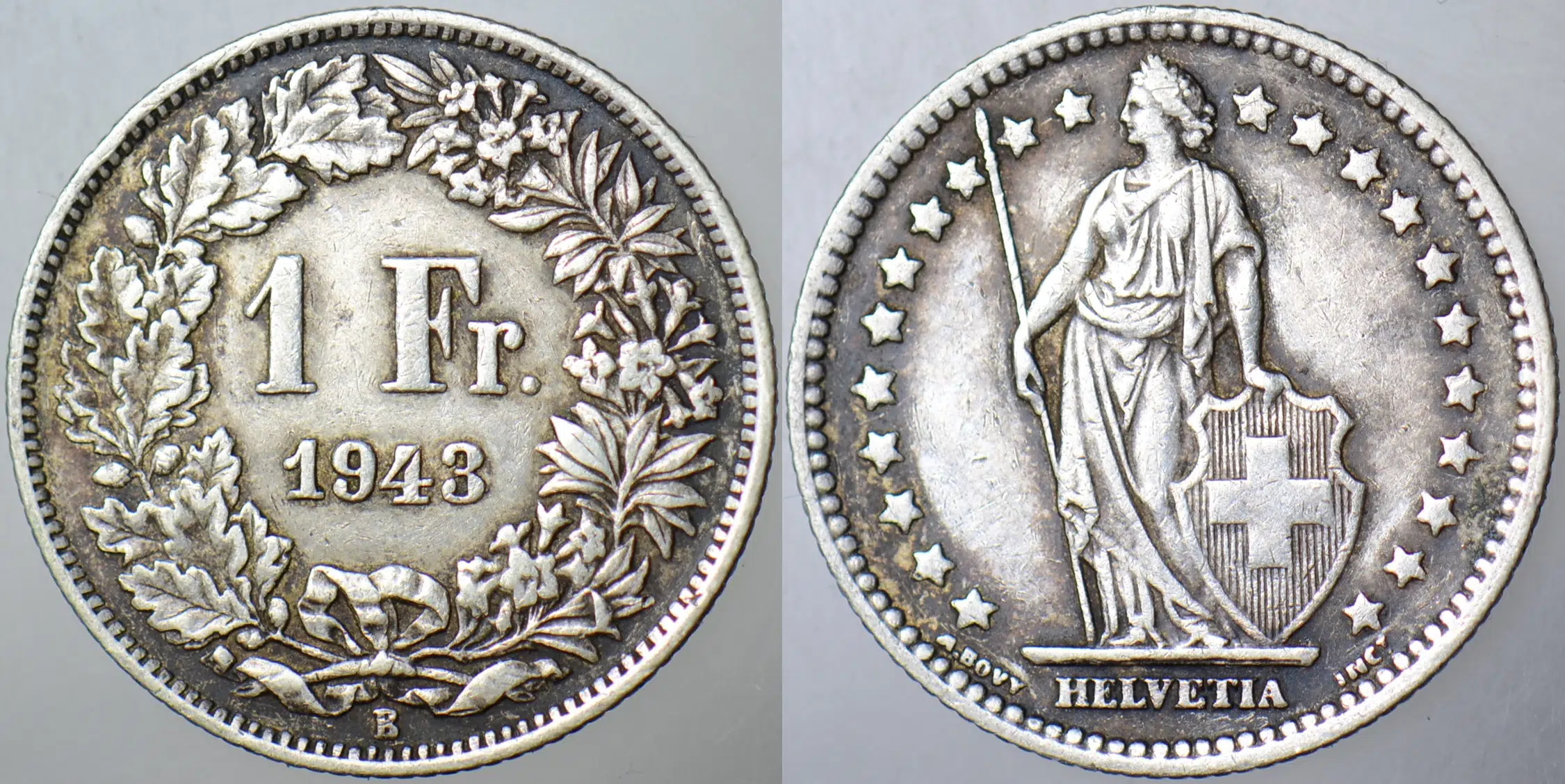 İSVİÇRE 1 FRANK 1943 II. DÜNYA SAVAŞI DÖNEMİ. GÜMÜŞ 5 gr.