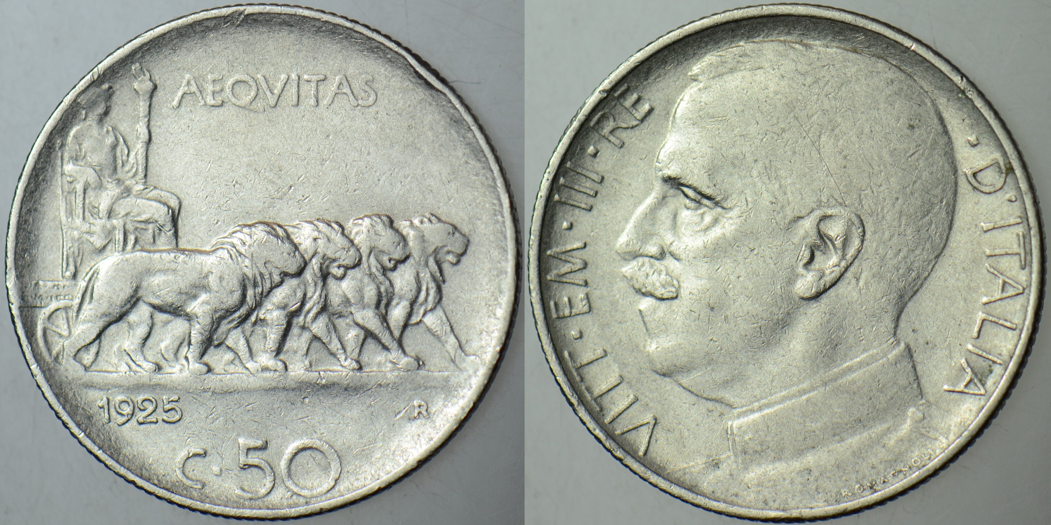 İTALYA 50 CENTESIMI 1925 TIRTIKLI KENAR KM 61.2- NADİR. KATALOG DEĞERİ 30 DOLAR.