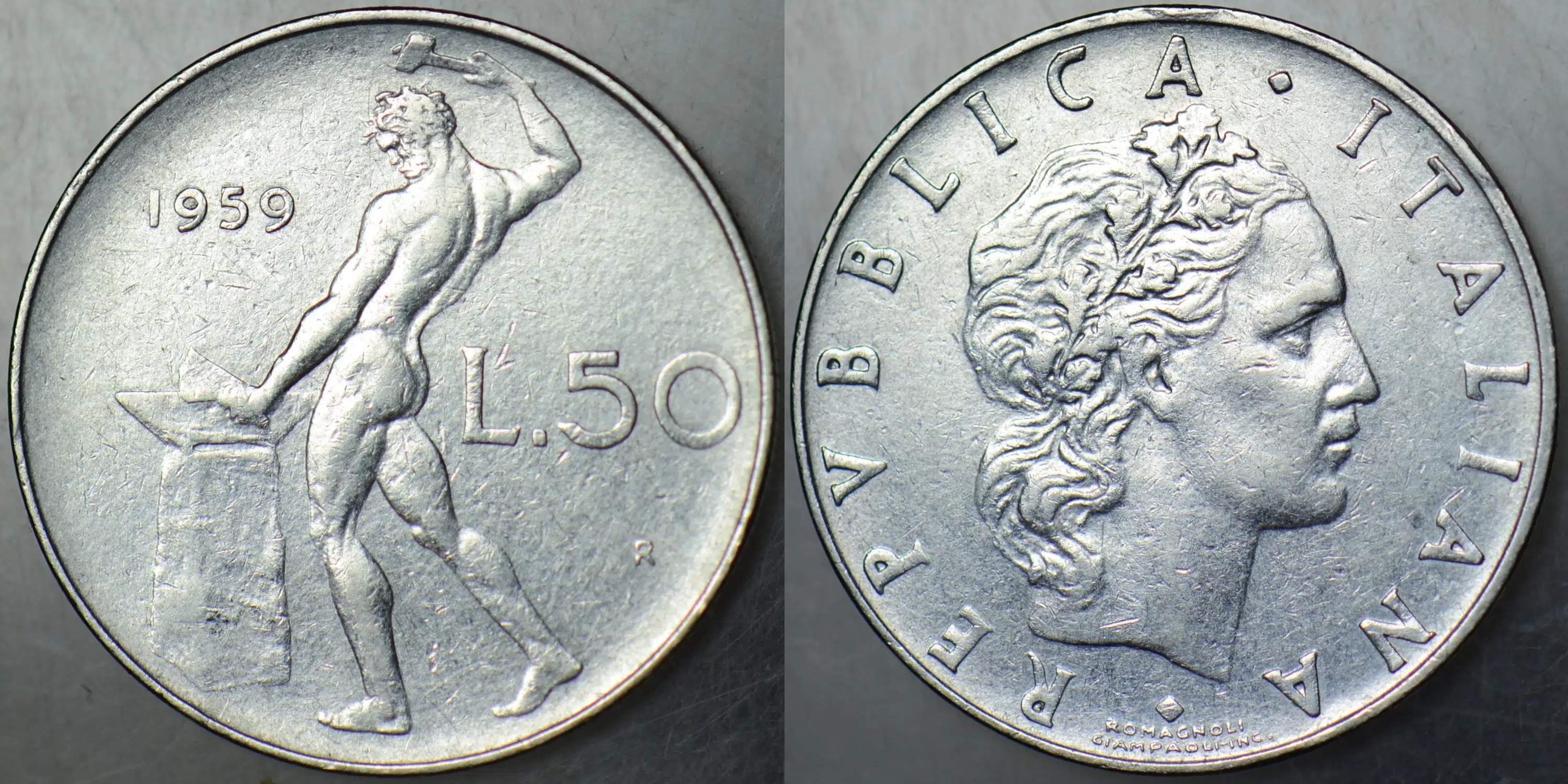 İTALYA 50 LİRET 1959 ROMA TANRISI VULCANUS TEMALI.