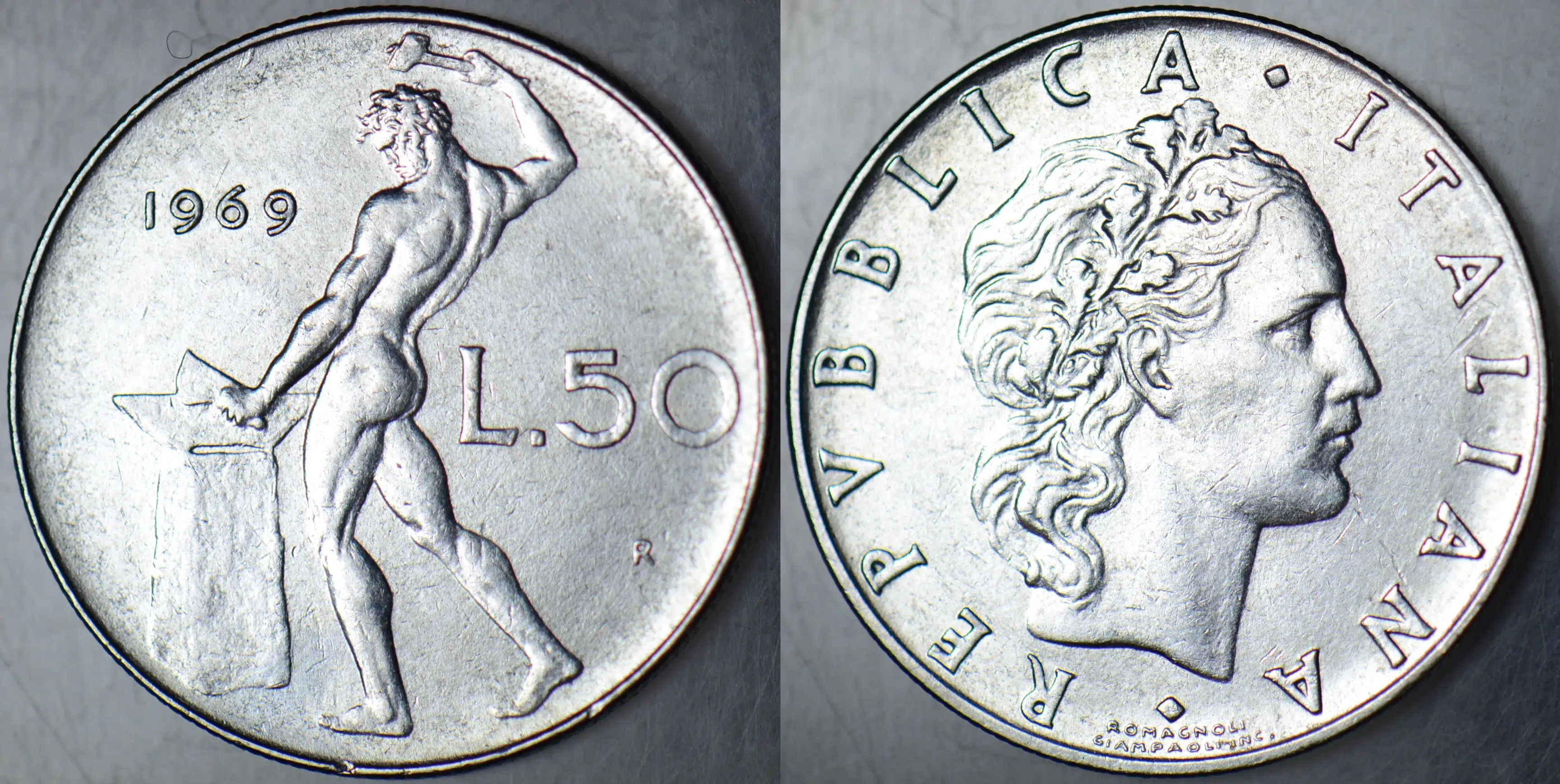 İTALYA 50 LİRET 1969 ROMA TANRISI VULCANUS TEMALI.