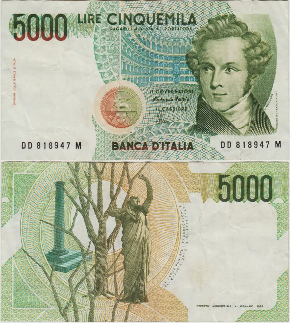 İTALYA 5000 LİRET 1985 BELLİNİ TEMALI. ÇOK ÇOK TEMİZ(-) KONDİSYON.