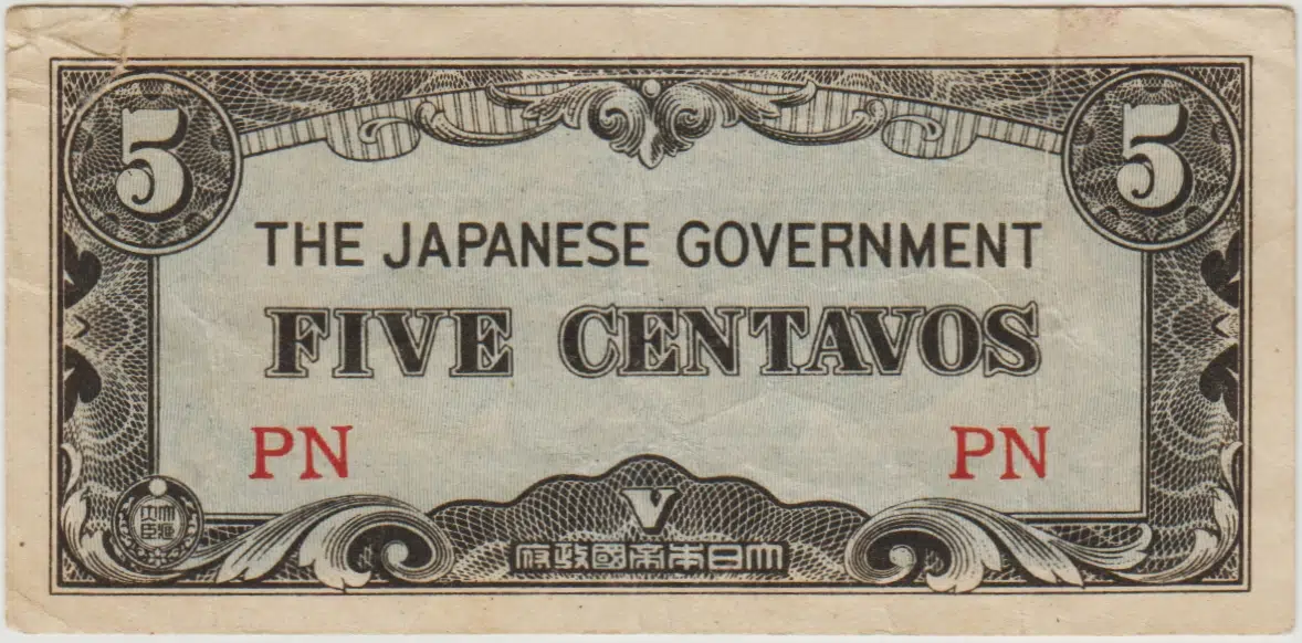 JAPONYA II. DÜNYA SAVAŞI İŞGAL TOPRAKLARI-FİLİPİNLER 5 CENTAVOS 1942 Sol üst köşe yırtık ÇT.
