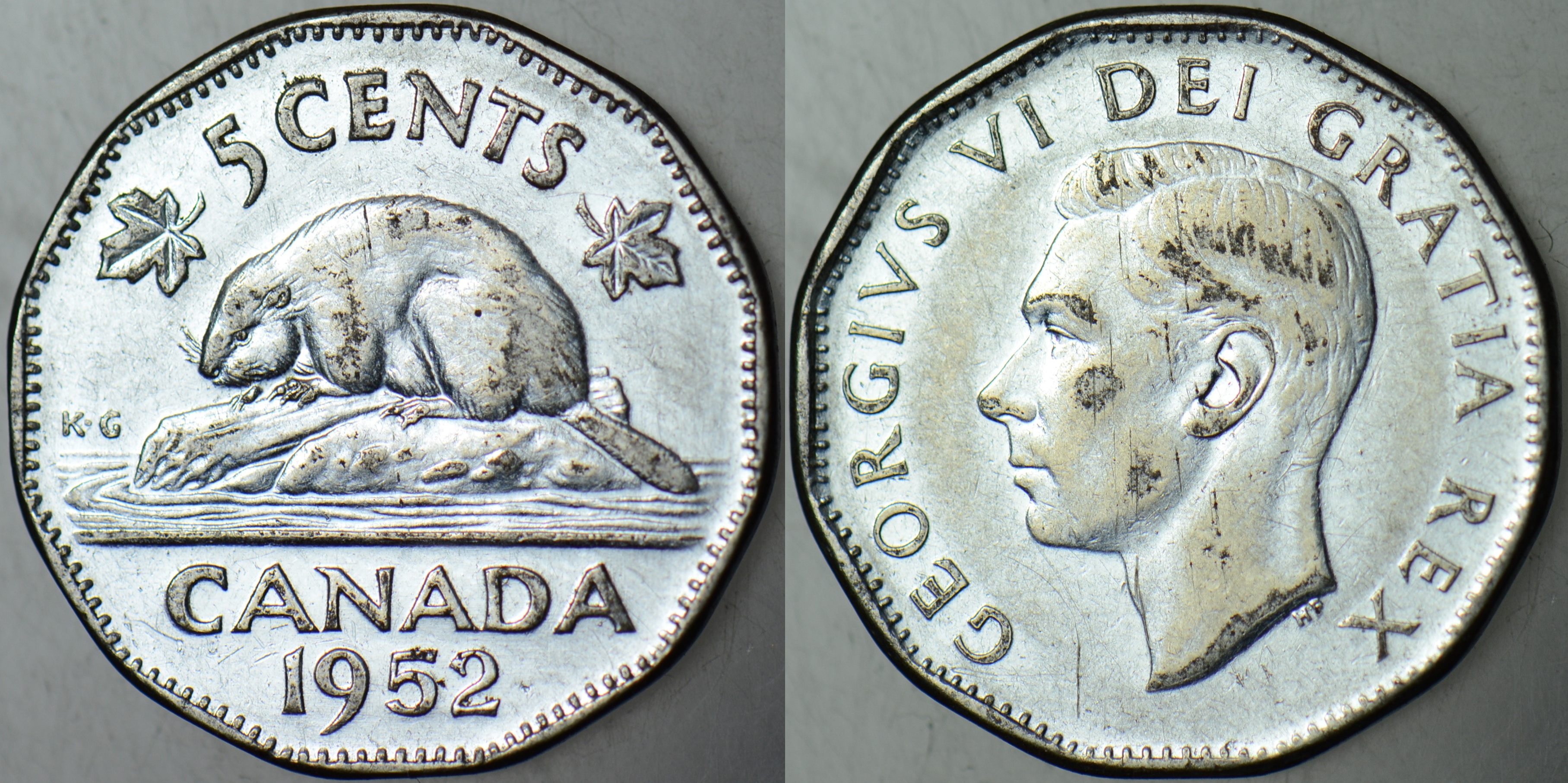 KANADA 5 CENT 1952 KRAL 6. GEORGE DÖNEMİ. KUNDUZ TEMALI.