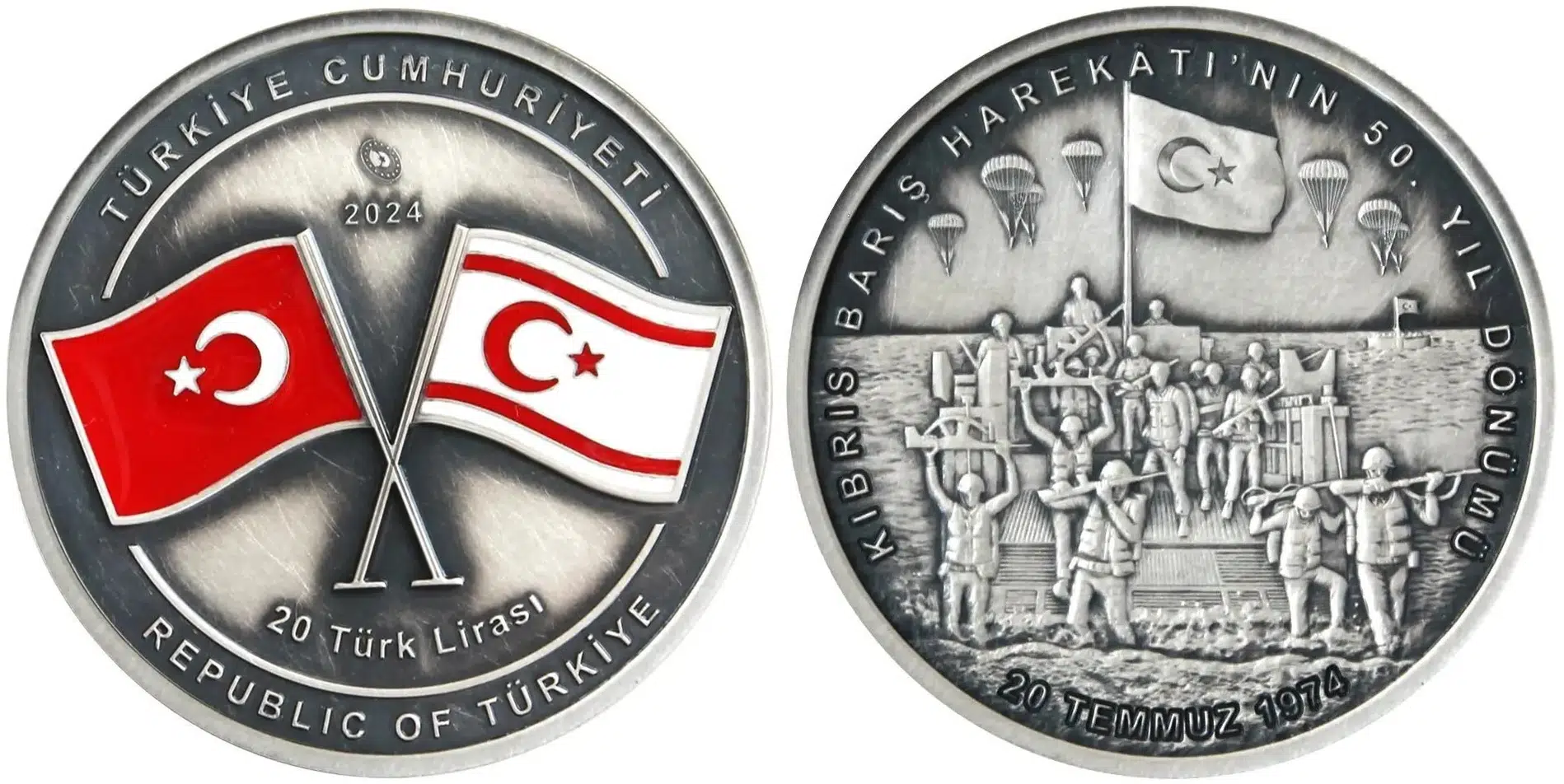 KIBRIS BARIŞ HAREKATI'NIN 50. YIL DÖNÜMÜ 20 LİRA 2024 GÜMÜŞ. 3000 BASKI SERTİFİKALI 31,1 gr ÇİL