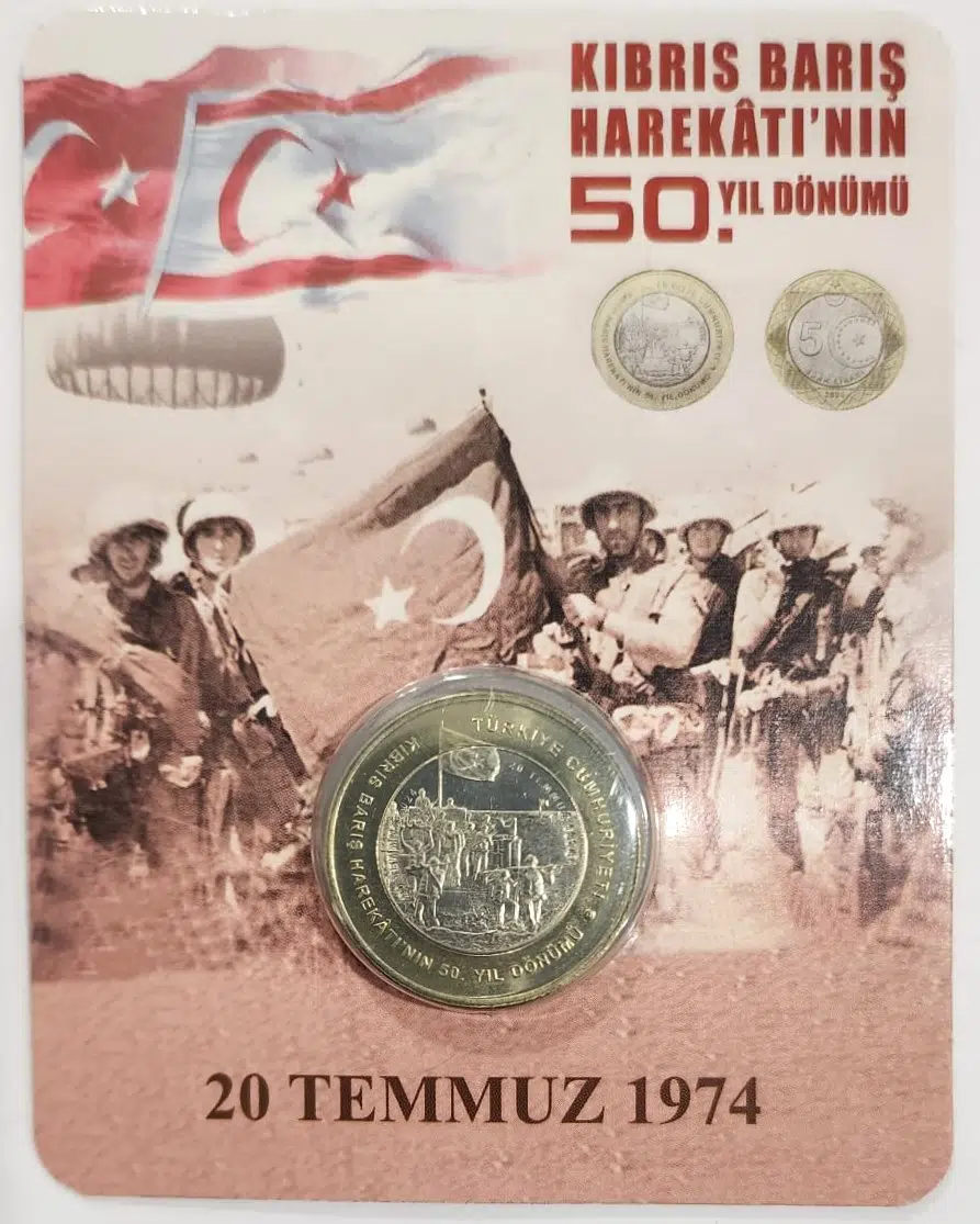 KIBRIS BARIŞ HAREKATI'NIN 50 YIL DÖNÜMÜ HATIRA 5 LİRA 2024 ÖZEL KARTINDA.