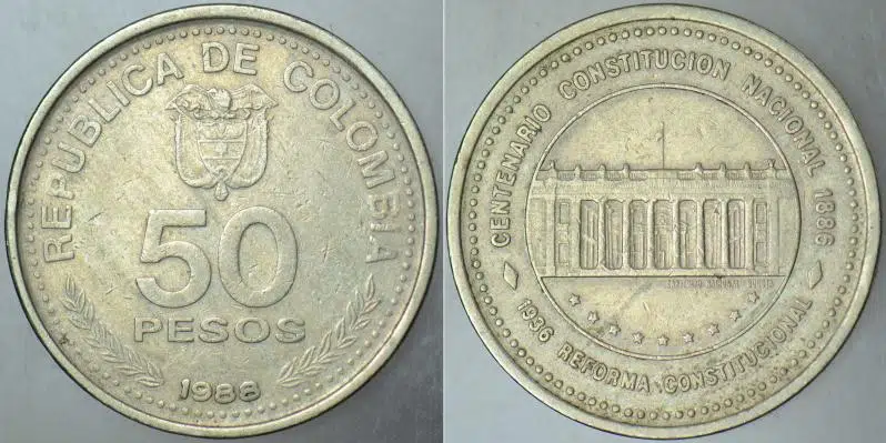 KOLOMBİYA 50 PESO 1988 SİRKÜLASYON HATIRA PARASI - ANAYASANIN 100. YILI ANISINA.