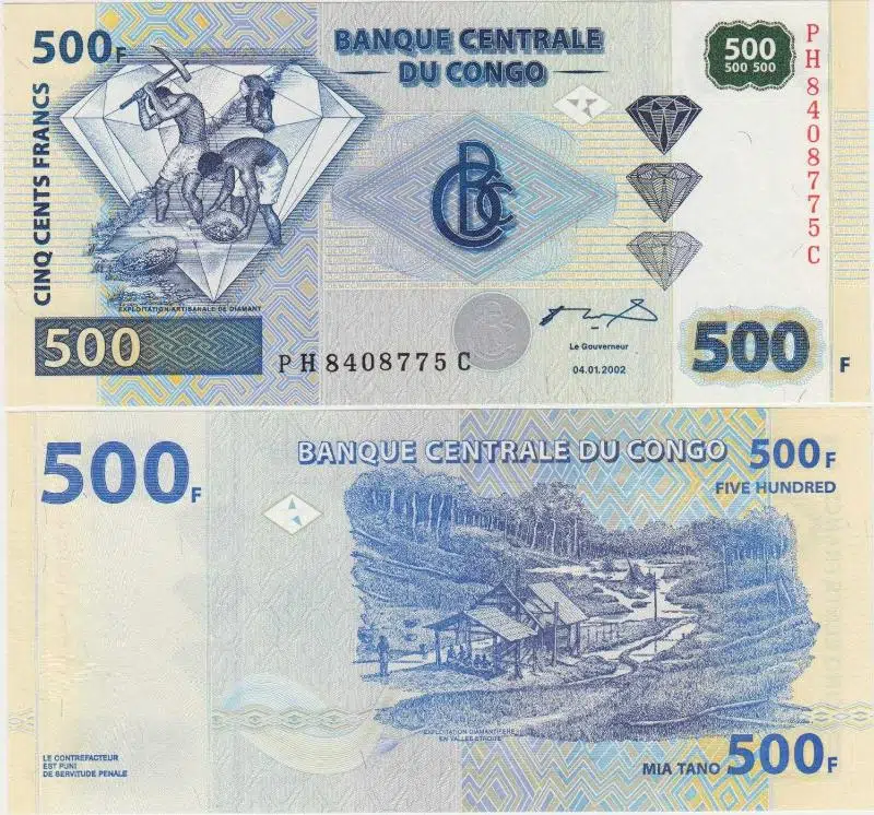 KONGO 500 FRANK 2002 ESKİ TARİHLİ. ELMAS MADENCİLİĞİ TEMALI. ÇİL KONDİSYON.