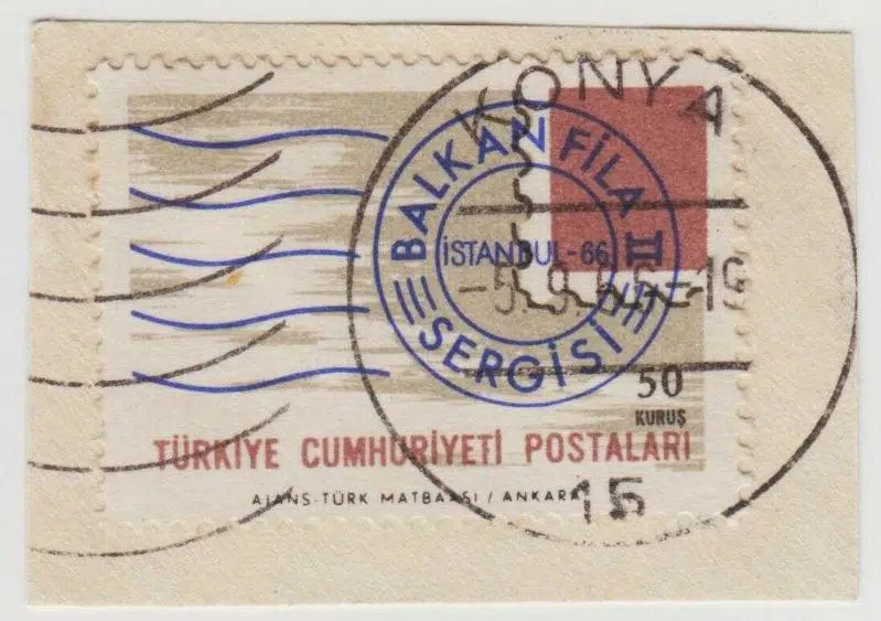KONYA 1966 DAMGALI MEKTUP ZARFINDAN KESİLMİŞ BALKANFİLA II SERGİSİ TEMALI.