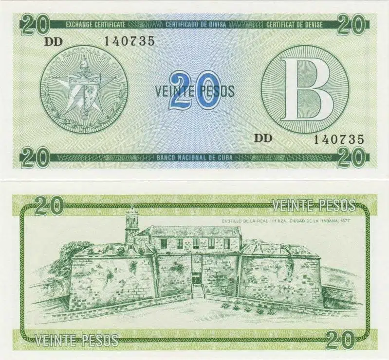 KÜBA 20 PESO 1985 B SERİSİ. DÖVİZE ÇEVRİLEBİLEN PESO. ÇİL KONDİSYON.