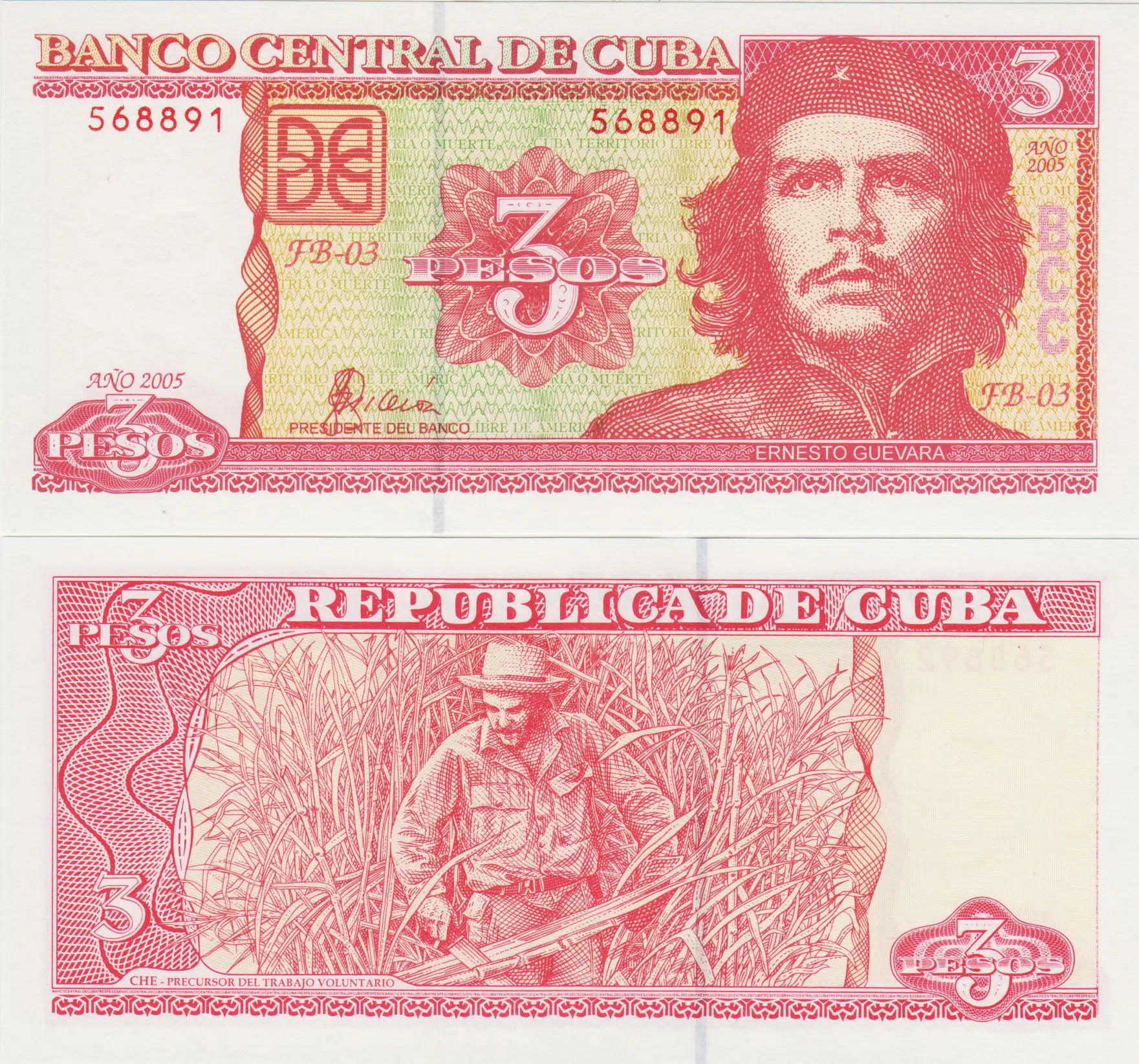 KÜBA 3 PESO 2005 CHE GUEVARA PORTRELİ. ÇİL KONDİSYON.