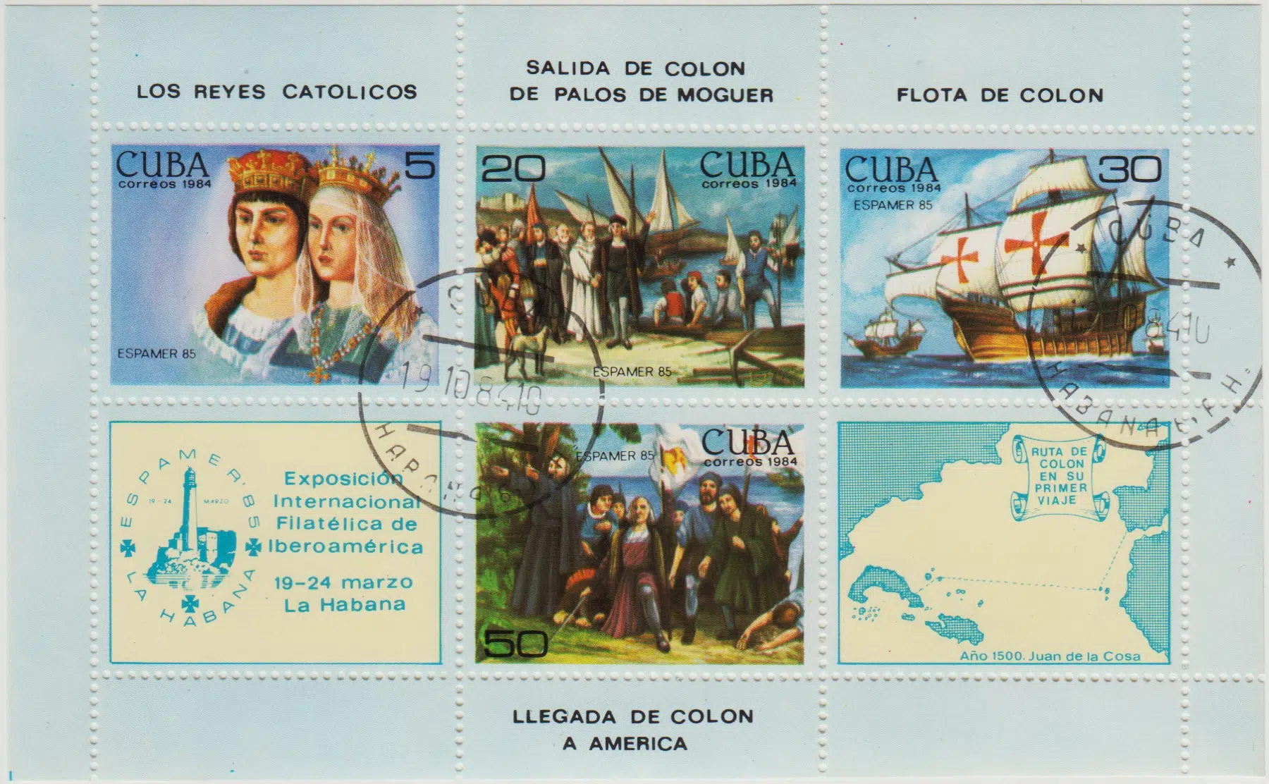KÜBA HATIRA BLOK PUL 1985 - CRİSTOBAL COLON'UN SEYAHATLERİ-AMERİKA. DAMGALI.