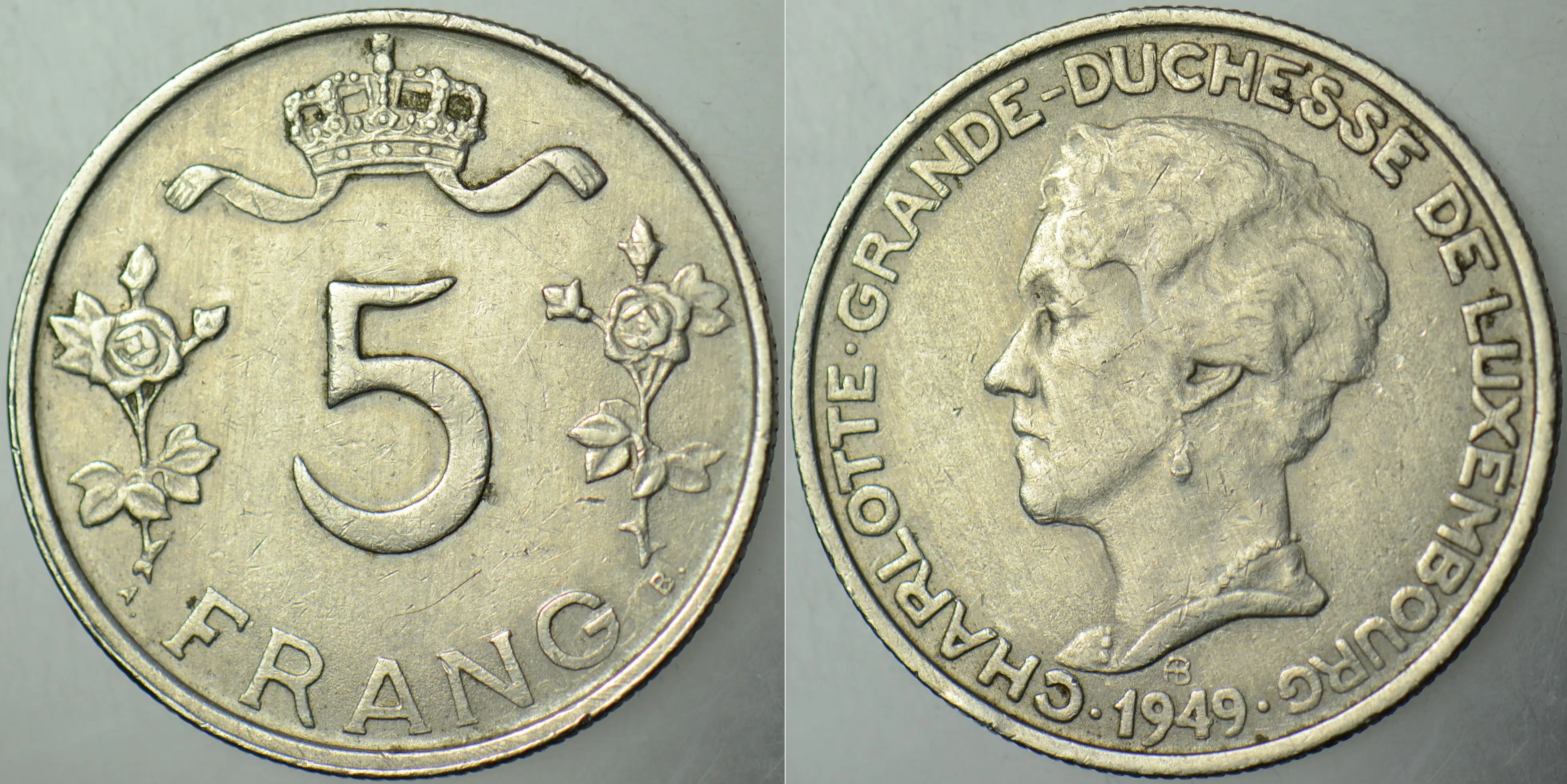 LÜKSEMBURG 5 FRANK 1949 BÜYÜK DÜŞES CHARLOTTE DÖNEMİ.