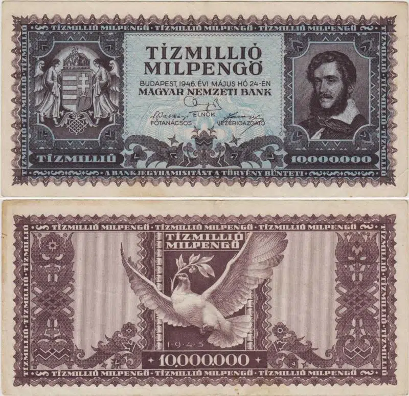 MACARİSTAN 10.000.000 PENGÖ. 24 MAYIS 1946. II. DÜNYA SAVAŞI SONRASI HİPERENFLASYON DÖNEMİ. ÇOK ÇOK TEMİZ KONDİSYON.