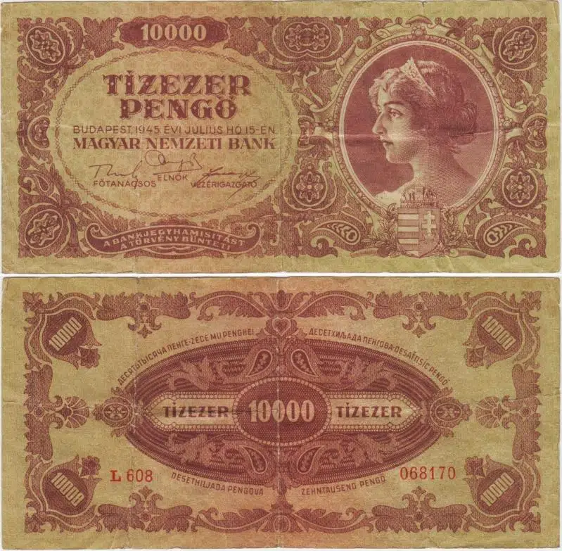 MACARİSTAN 10.000 PENGÖ 15 TEMMUZ 1945. PULSUZ AZ ÇIKAR. ÇOK TEMİZ(-) KONDİSYON