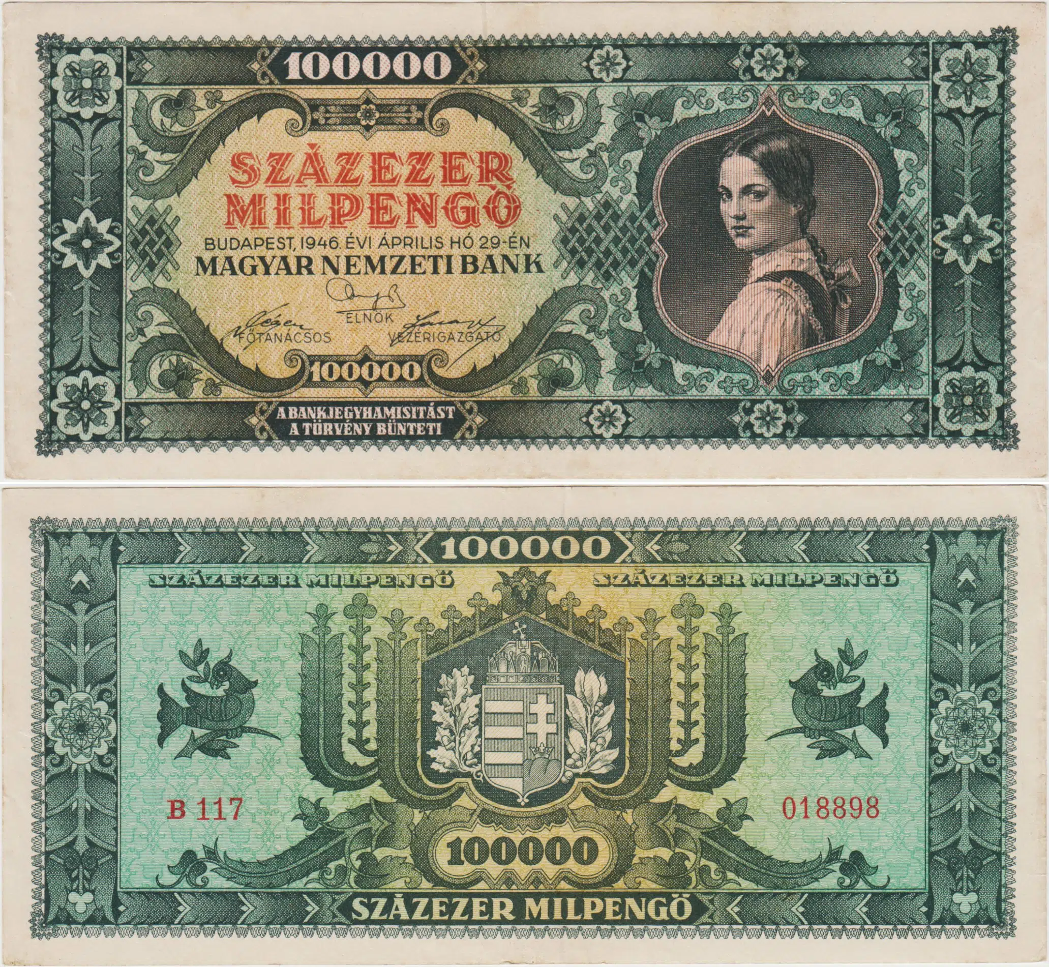 MACARİSTAN 100.000 MİLPENGÖ 1946. II. DÜNYA SAVAŞI SONRASI HİPERENFLASYON DÖNEMİ. ÇOK ÇOK TEMİZ+