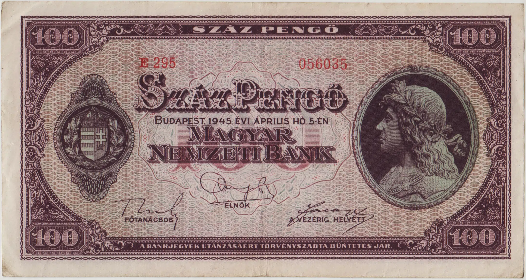MACARİSTAN 100 PENGÖ 1945 BUDA KALESİ GÖRSELLİ. ÇOK TEMİZ+