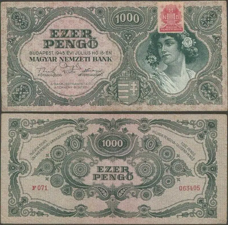 MACARİSTAN 1000 PENGÖ 1945 PULLU. İKİNCİ DÜNYA SAVAŞI SONRASI HİPERENFLASYON DÖNEMİ. ÇOK ÇOK TEMİZ KONDİSYON.