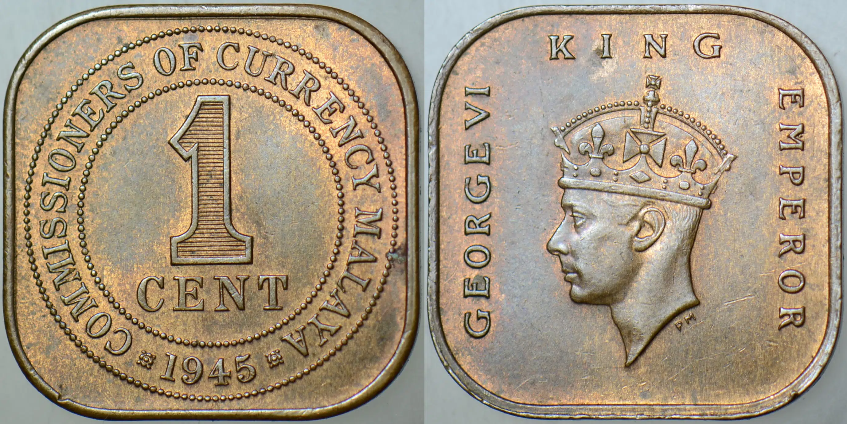 MALAYA 1 CENT 1945 KRAL 6. GEORGE İNGİLİZ HAKİMİYETİ. ÇİLALTI+
