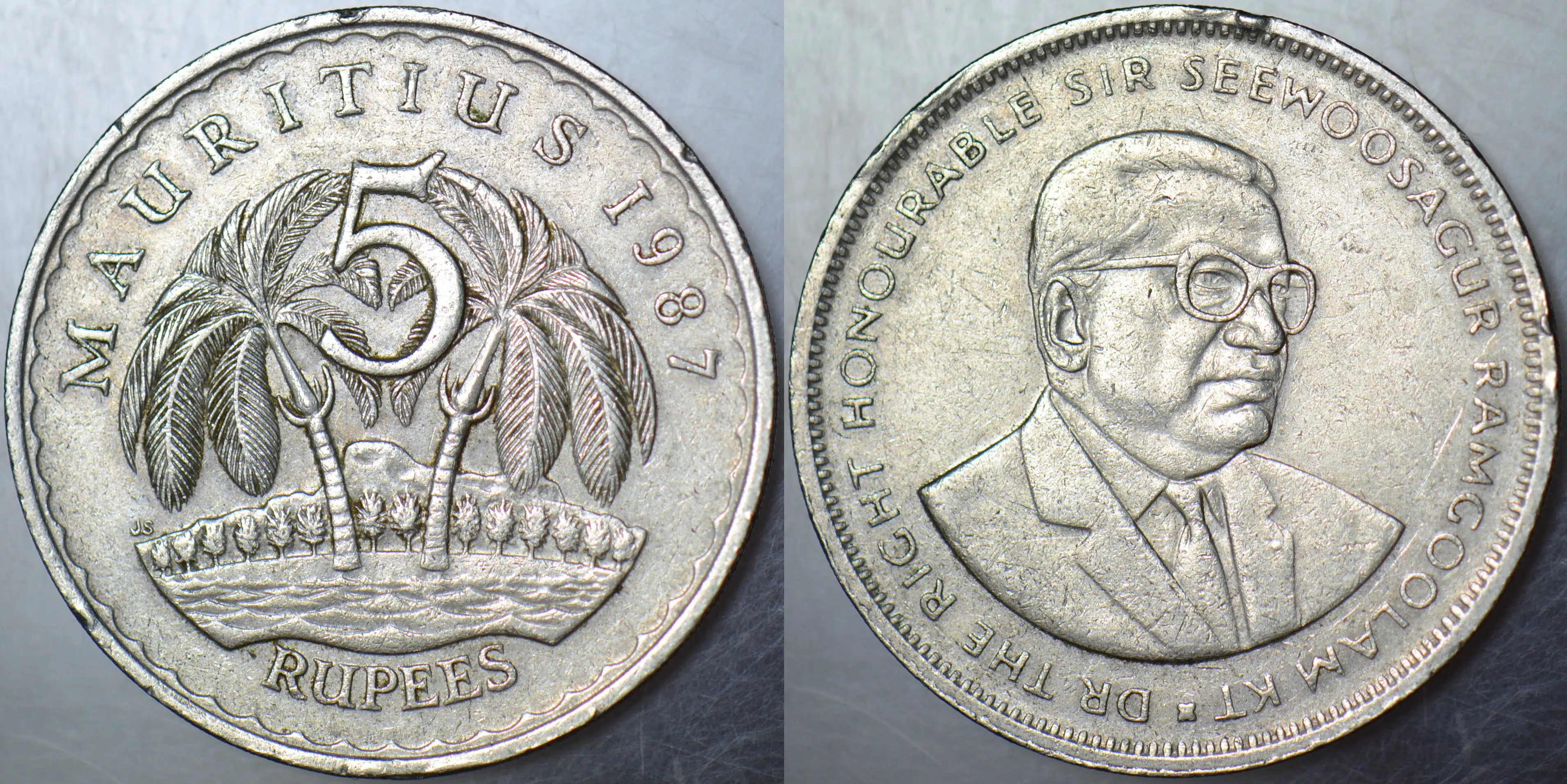 MAURİTİUS 5 RUPİ 1987 ESKİ TARİHLİ. BU TİPİN BASILDIĞI İLK YIL. 31 mm
