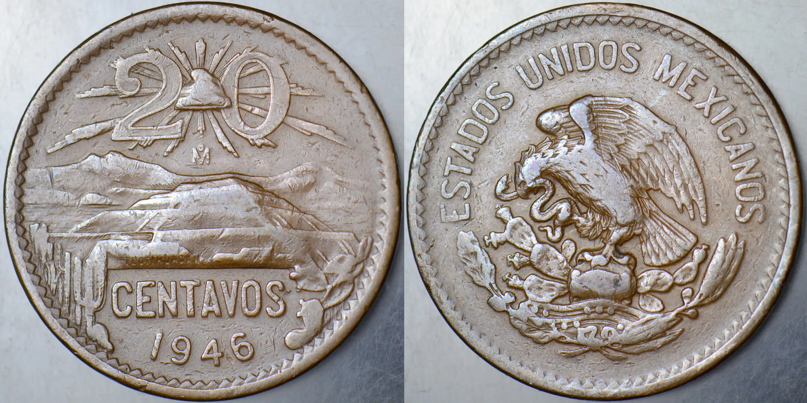 MEKSİKA 20 CENTAVOS 1946 TEOTİHUACAN GÜNEŞ PİRAMİDİ GÖRSELLİ. 28,5 mm