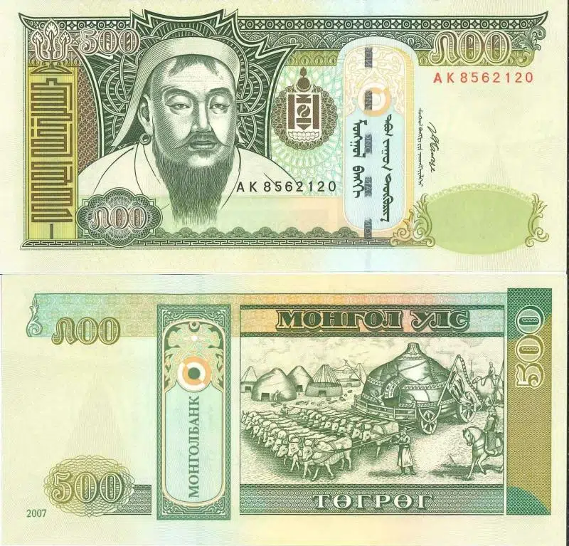 MOĞOLİSTAN 500 TUGRİG 2007. CENGİZ HAN PORTRELİ. ESKİ TARİHLİ ÇİL KONDİSYON.