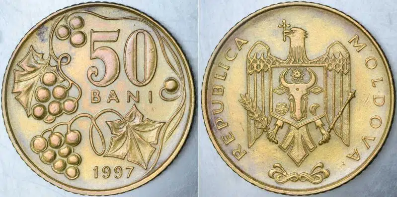 MOLDOVA 50 BANI 1997 BU TİPİN BASILMAYA BAŞLANDIĞI İLK YIL. AZ ÇIKAR.