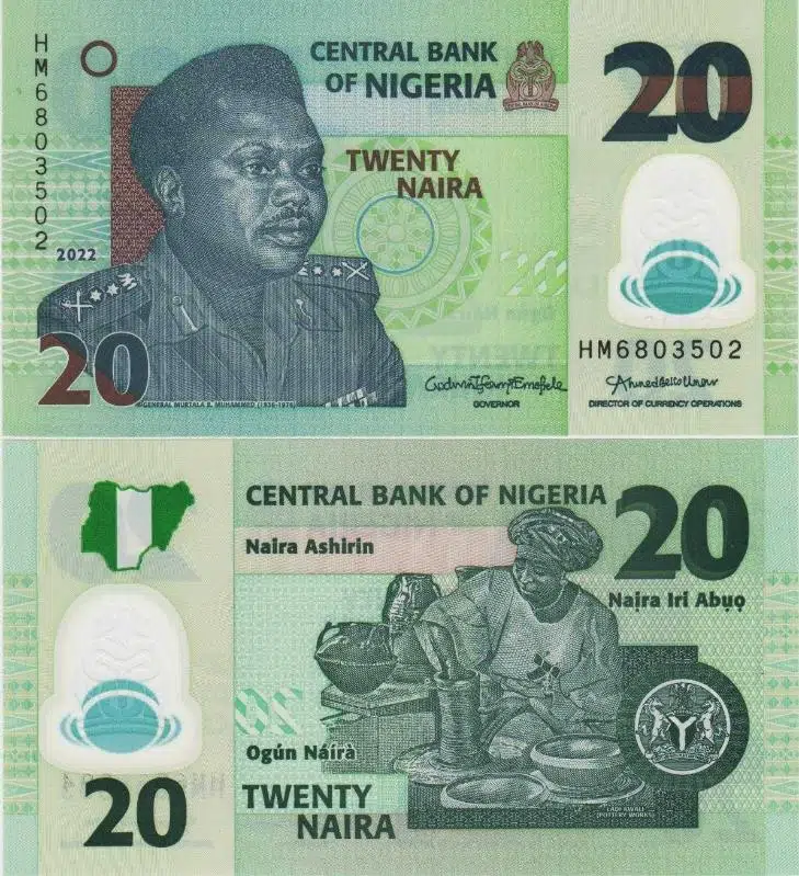 NİJERYA 20 NAİRA 2022 POLYMER ( PLASTİK ) PARA. ÇİL KONDİSYON.