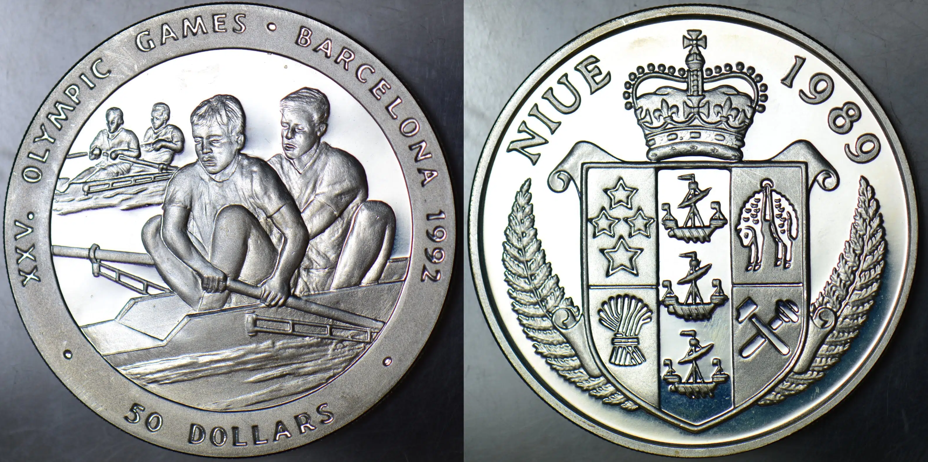 NIUE 50 DOLAR 1989 BARSELONA OLİMPİYAT OYUNLARI-KÜREK. 28,4 gr 38,6 mm PROOF BASKI ÇİL.