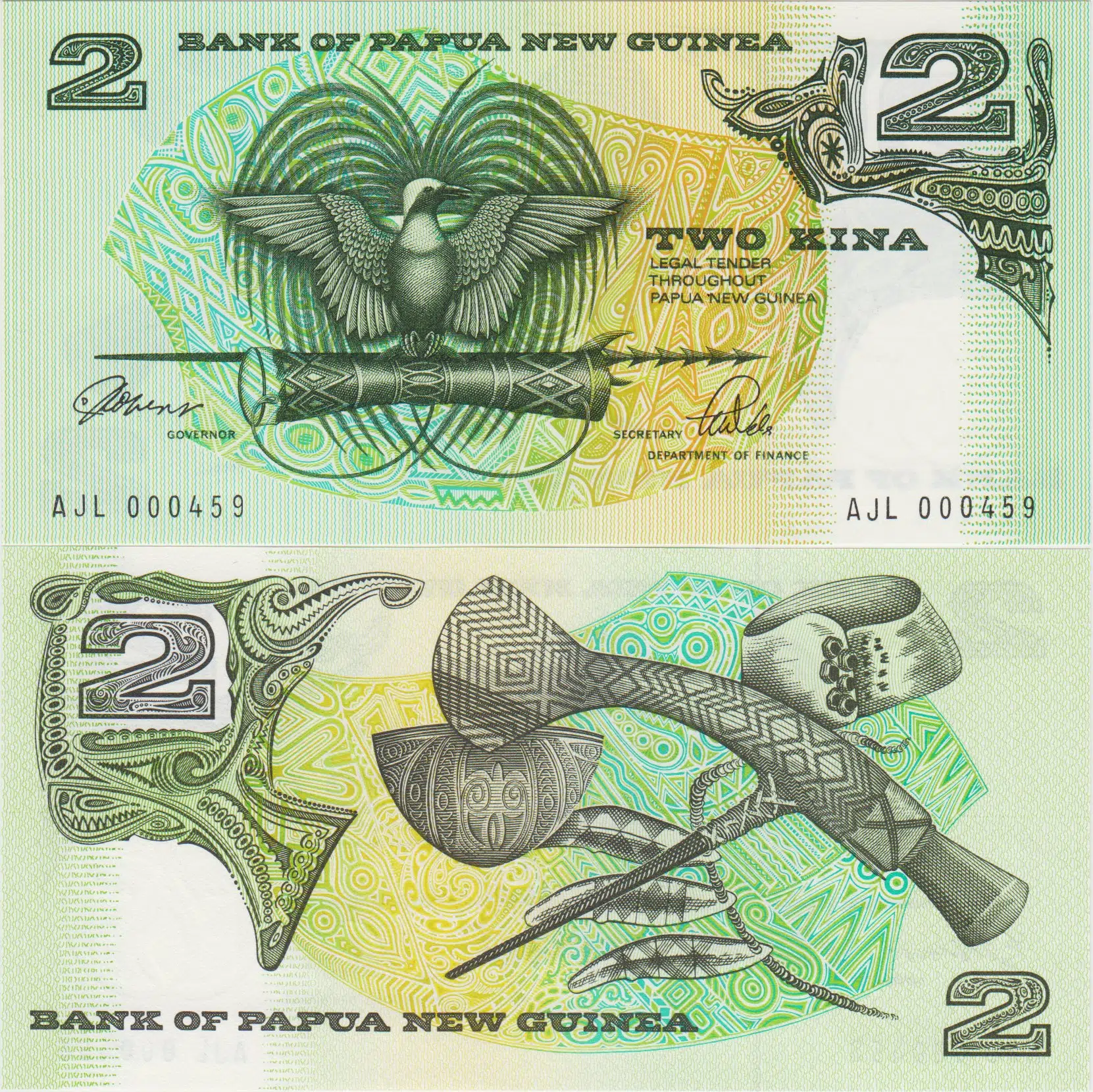 PAPUA YENİ GİNE 2 KINA 1989-91 DÜŞÜK SERİ NO-SERİSİNİN İLK 500'ü. ÇİL.