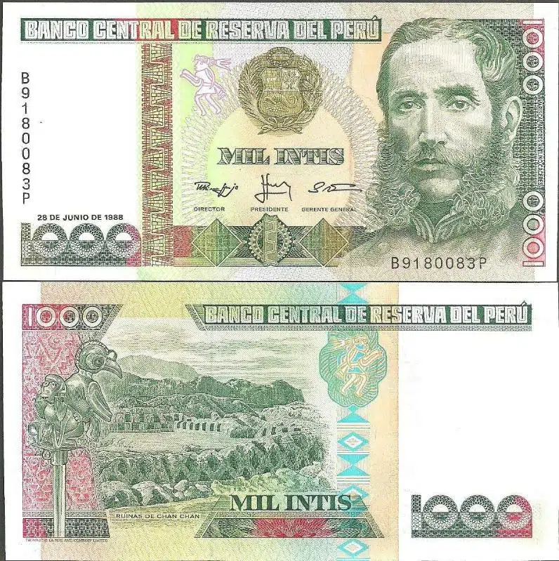 PERU 1000 INTIS 28 HAZİRAN 1988. CHIMOR İMPARATORLUĞU ANTİK CHAN CHAN KENTİ TEMALI. ÇİL.