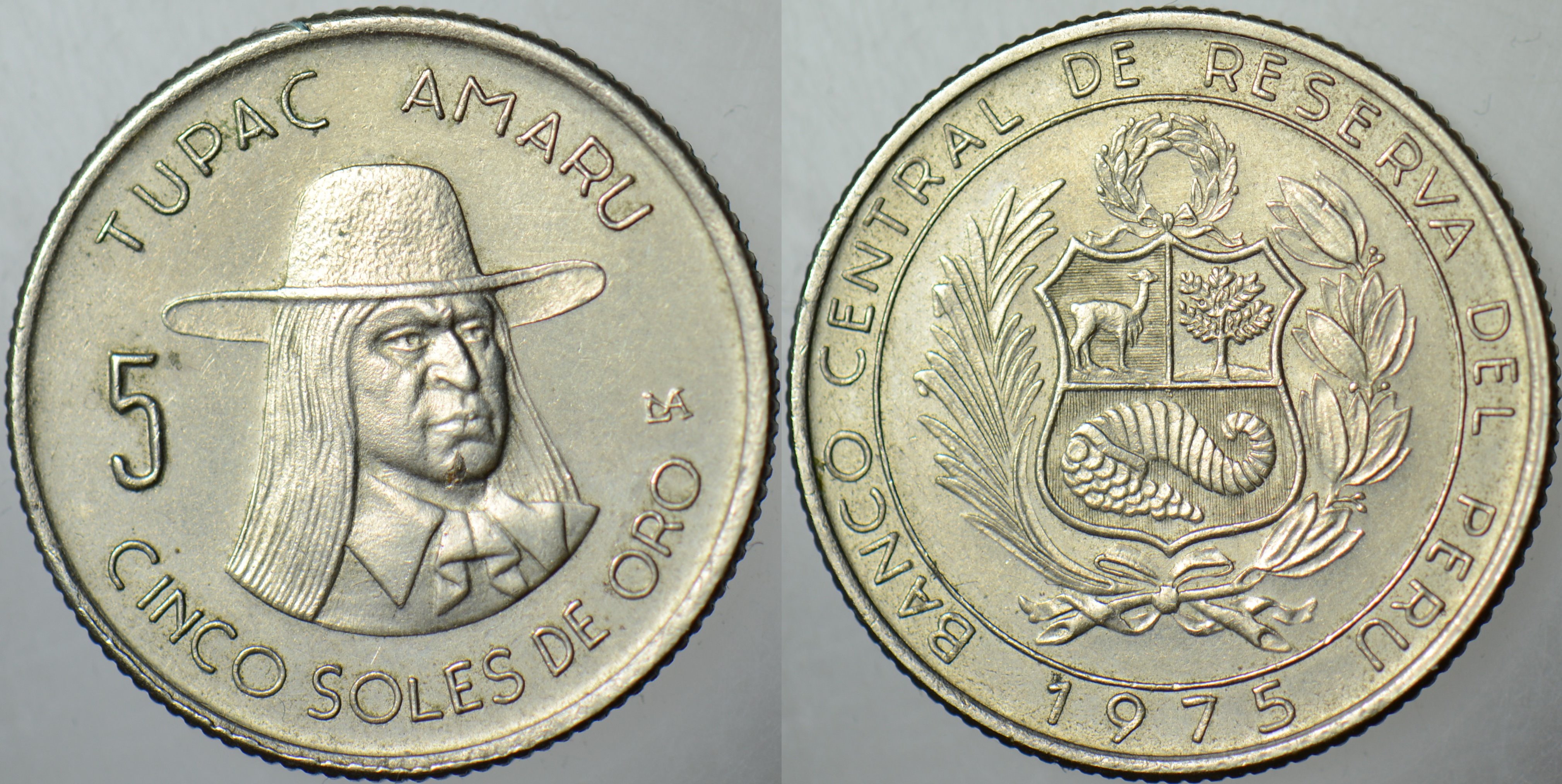 PERU 5 SOL 1975 TUPAC AMARU. BÜYÜK BOY 25,57 mm ÇİLALTI.