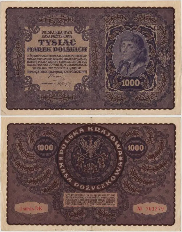 POLONYA 1000 MAREK 1919 BÜYÜK BOY. ÇOK ÇOK TEMİZ KONDİSYON(-)