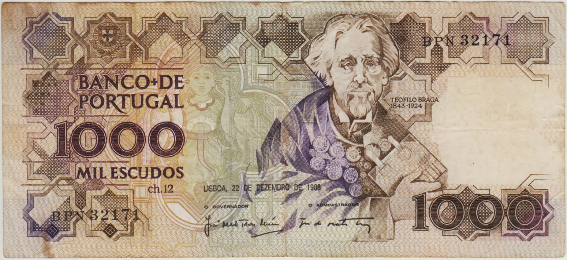 PORTEKİZ 1000 ESKUDO 1988 pick 181e. Alt orta kenarda 1 cm yırtık TEMİZ+