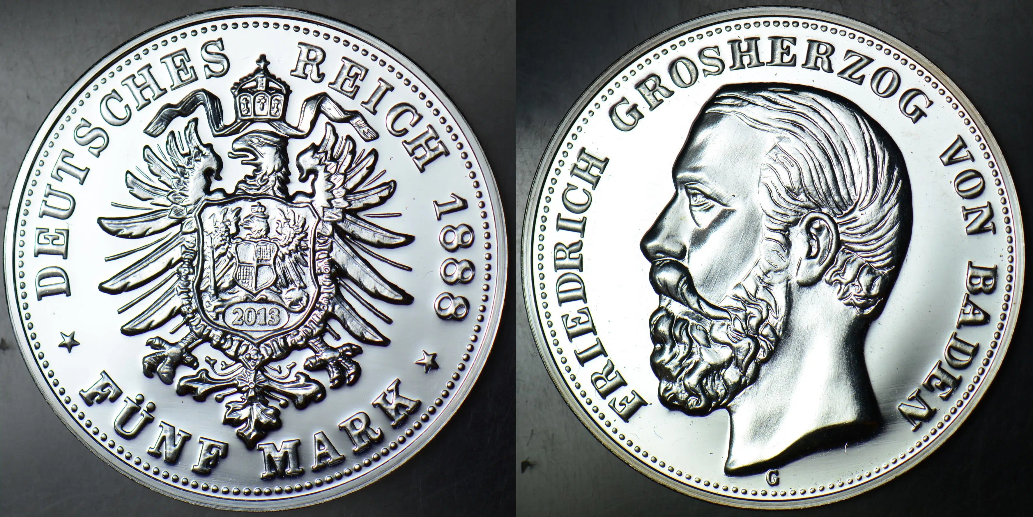 REPLİKA ALMANYA-BADEN 5 MARK 1888 ÇOK NADİR PARANIN 2013 TARİHLİ KOPYASI. GÜMÜŞ KAPLAMA 33 mm.