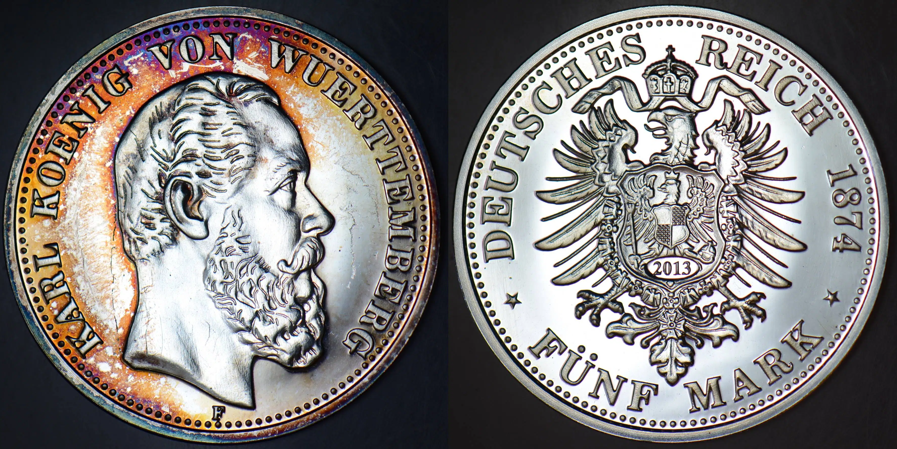 REPLİKA ALMANYA-WÜRTTEMBERG 5 MARK 1874 ÇOK NADİR PARANIN 2013 TARİHLİ KOPYASI. GÜMÜŞ KAPLAMA 33 mm. ÇİLALTI++