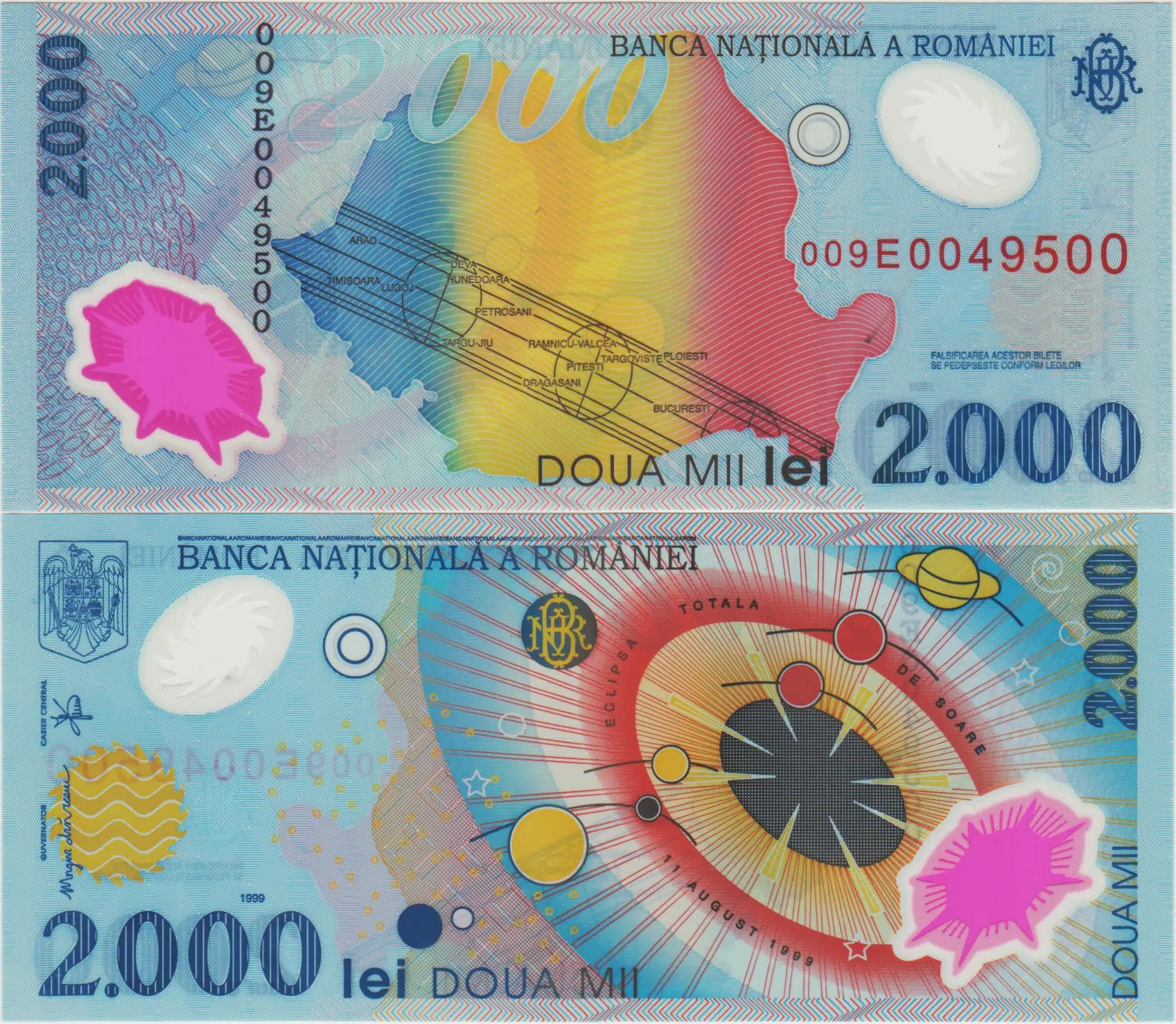 ROMANYA 2000 LEY 1999 HATIRA POLYMER. GÜNEŞ SİSTEMİ-TAM TUTULMA ve YENİ MİLENYUM TEMALI. ÇİL