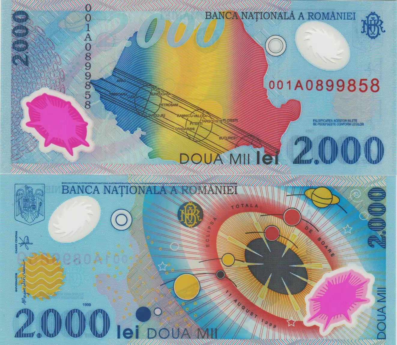 ROMANYA 2000 LEY 1999 HATIRA POLYMER. GÜNEŞ SİSTEMİ-TAM TUTULMA ve YENİ MİLENYUM TEMALI. ÇİL