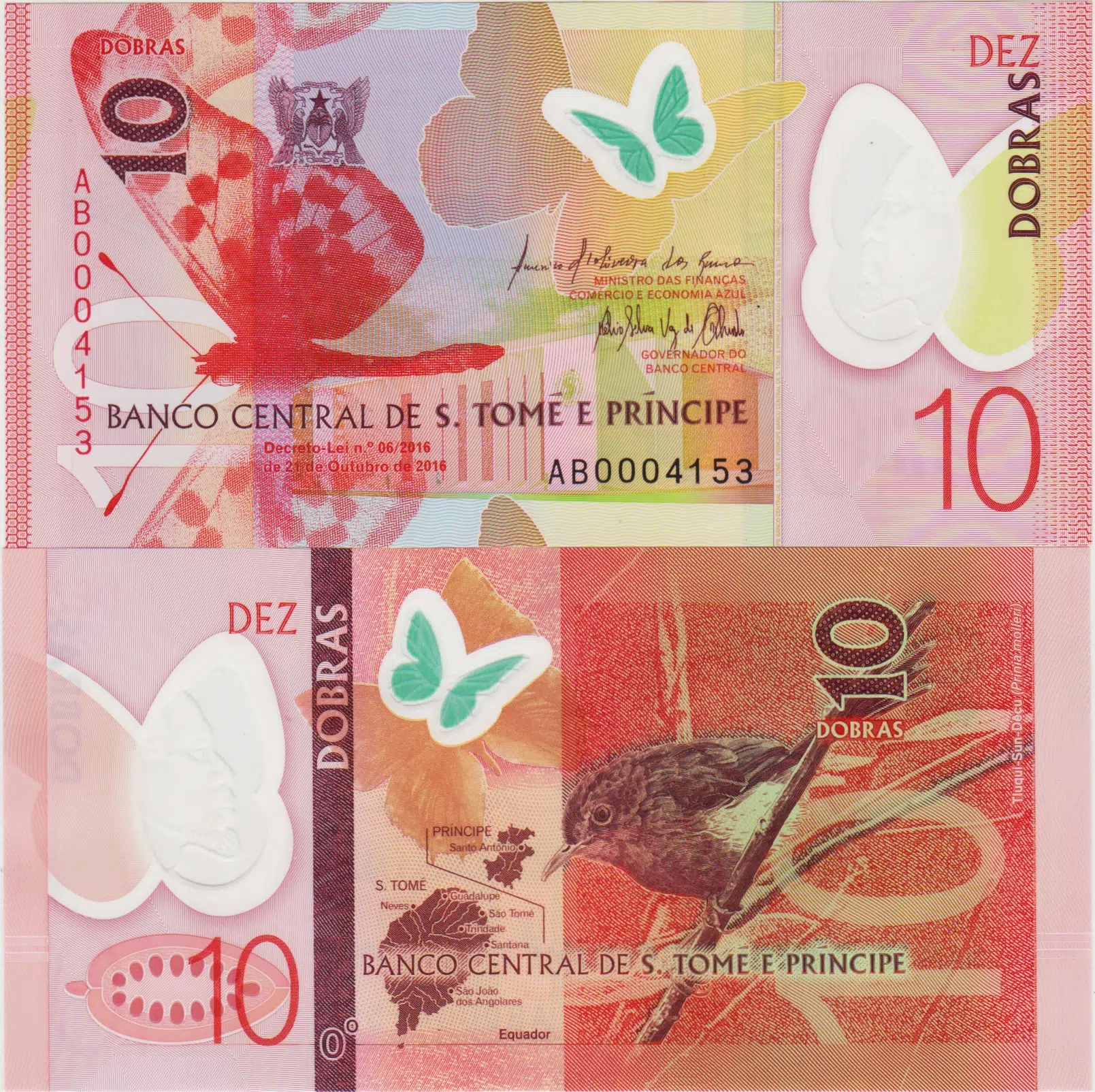 SAO TOME VE PRİNCİPE 10 DOBRA 2016 POLYMER. AB SERİSİ DÜŞÜK SERİ NO ÇİL.