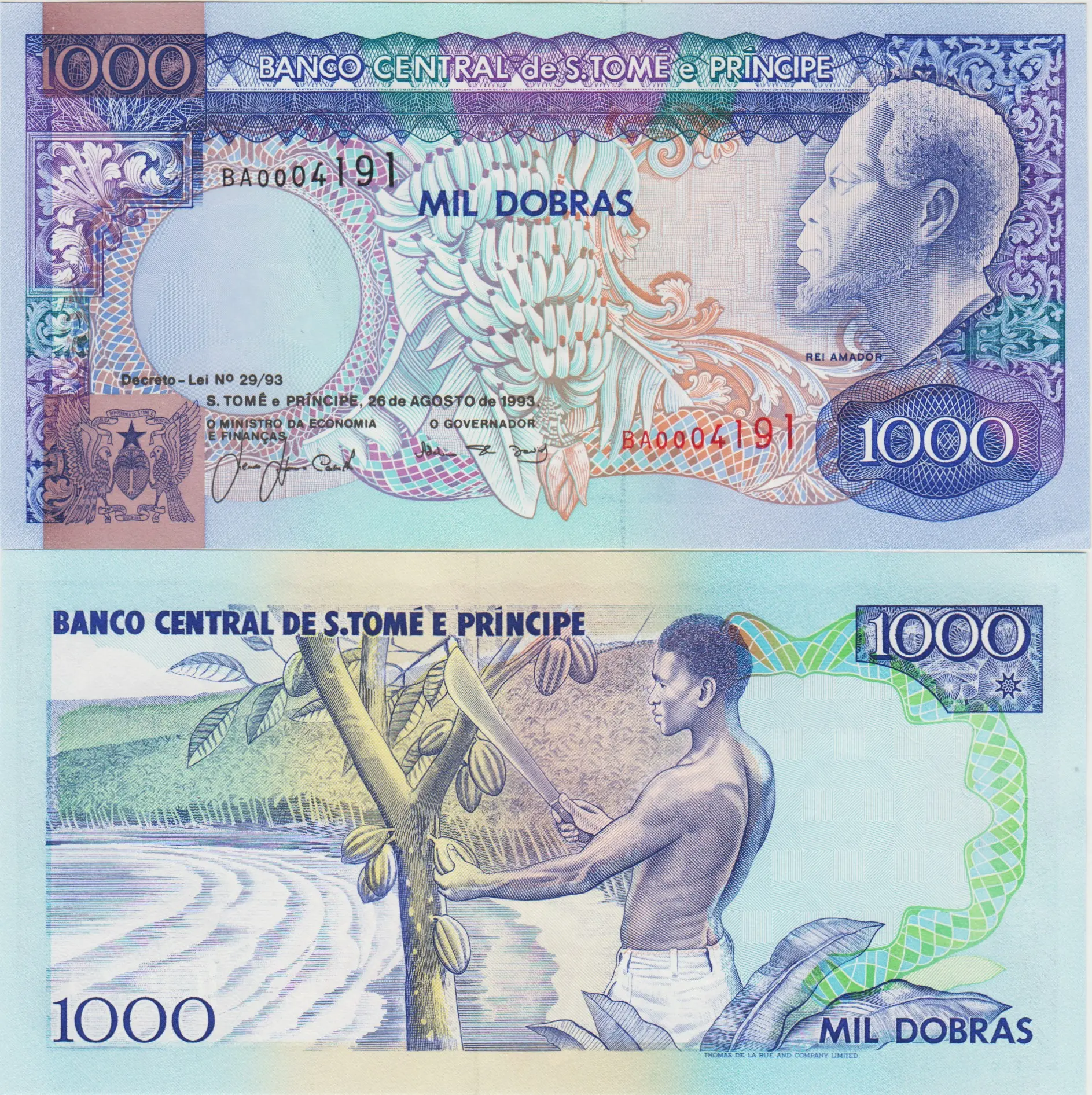 SAO TOME VE PRİNCİPE 1000 DOBRA 1993 SAINT TOMAS. KAKAO HASADI TEMALI. ÇİL KONDİSYON.