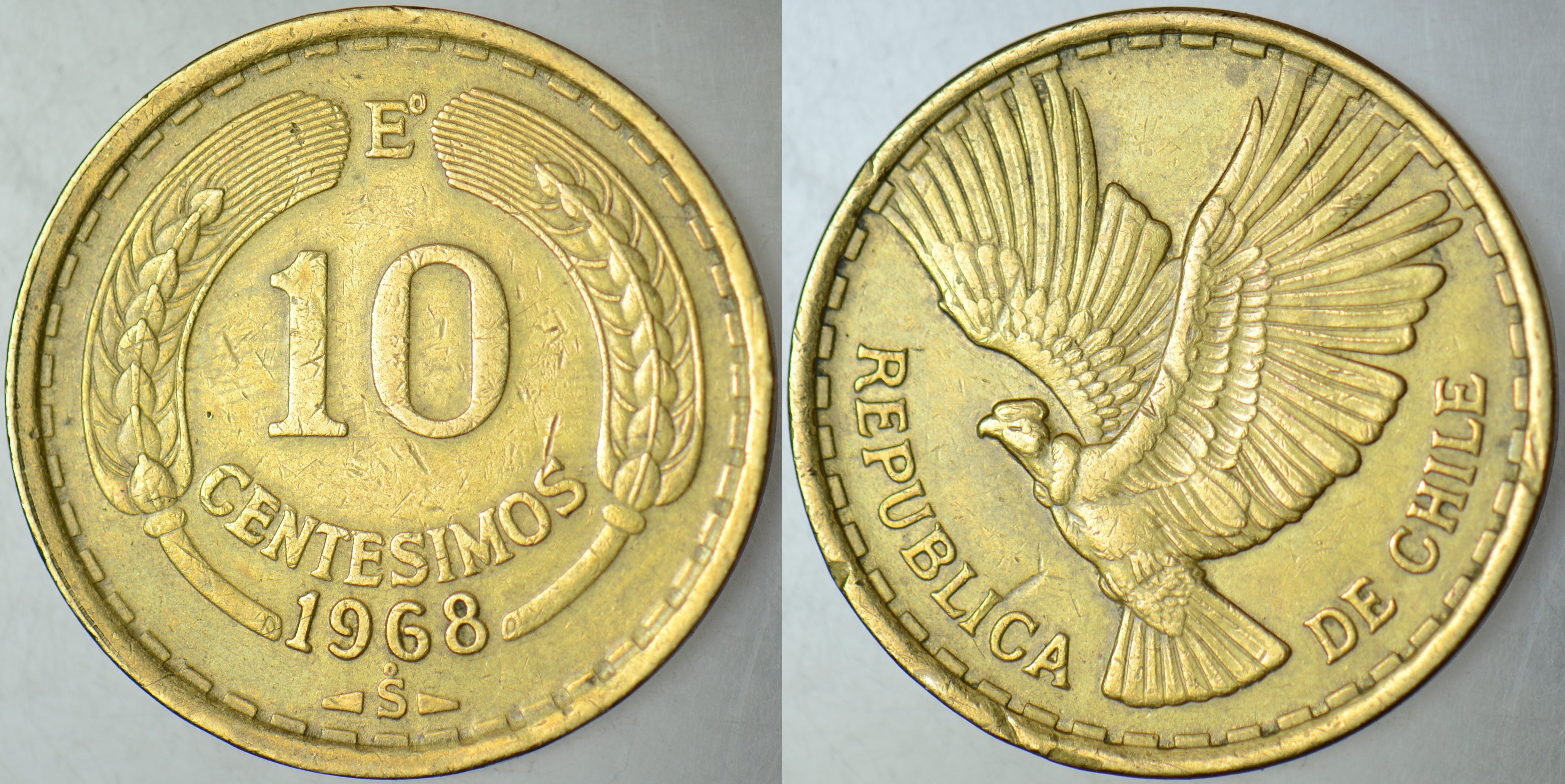 ŞİLİ 10 CENTESİMO 1968 AND KONDORU TEMALI. 27,17 mm 