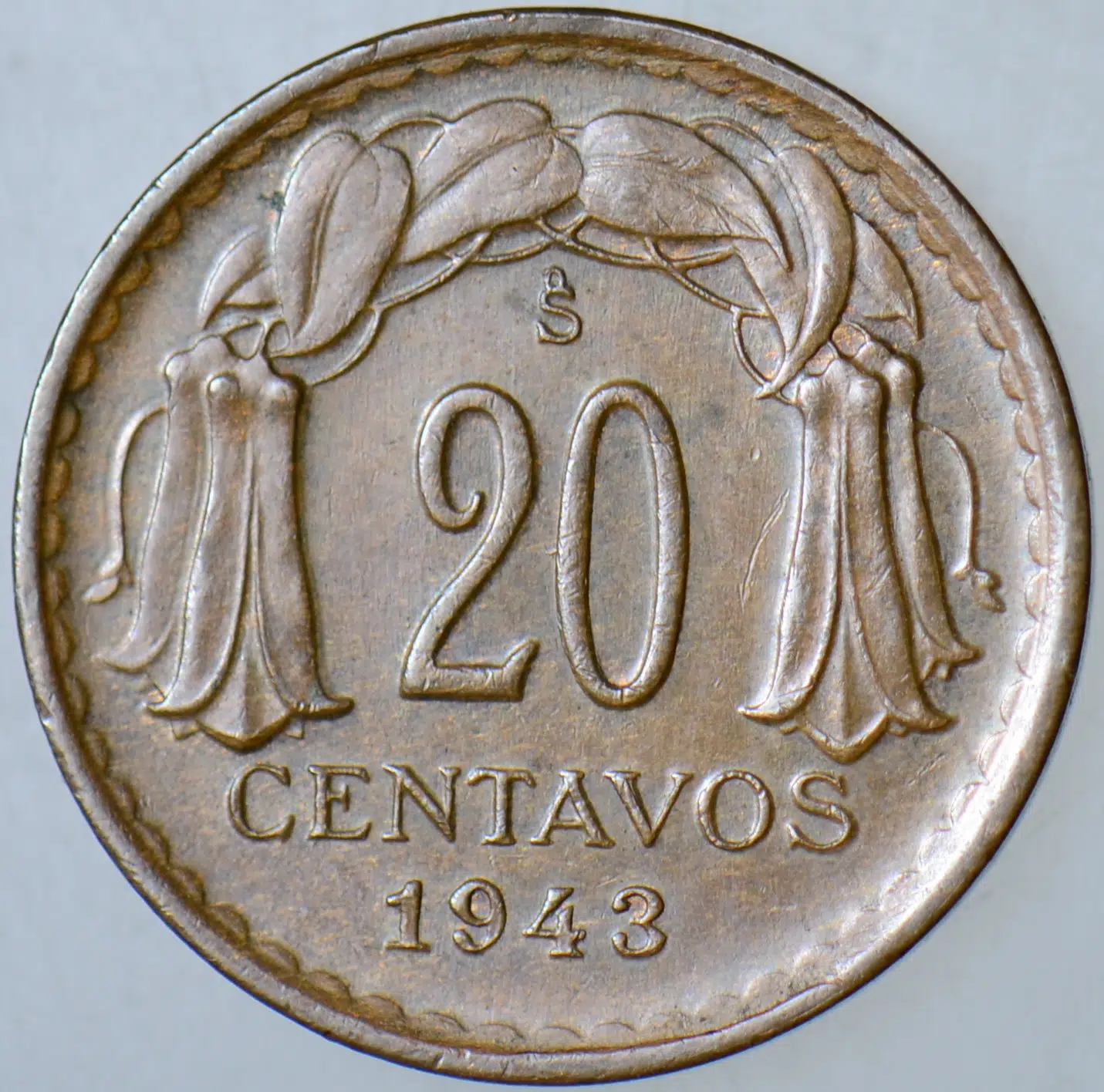 ŞİLİ 20 CENTAVOS 1943 II. DÜNYA SAVAŞI DÖNEMİ.