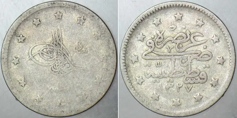 SULTAN V. MEHMED REŞAD GÜMÜŞ 2 KURUŞ 1327/? İSTANBUL DARBI. OSMANLI İMPARATORLUĞU GERÇEK PARA.